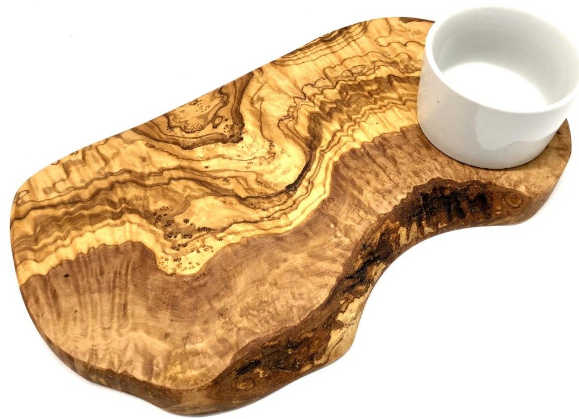 Olivenholz-erleben Schneidebrett Burgerbrett rustikal Olivenholz 40-44 cm inkl. Dipschale, Massivholz, (Set, 2-St., 1x Burgerbrett, plus Überraschung), Dipschale für sauberes Servieren – verhindert Vermischen von Speisen