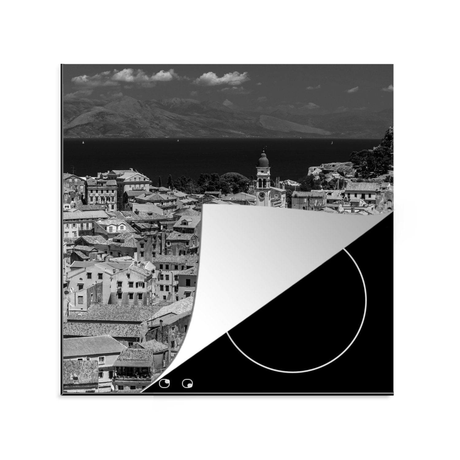 MuchoWow Herdblende-/Abdeckplatte Korfu - Griechenland - Insel - Schwarz - Weiß, Vinyl, (1 tlg), 78x78 cm, Ceranfeldabdeckung, Arbeitsplatte für küche