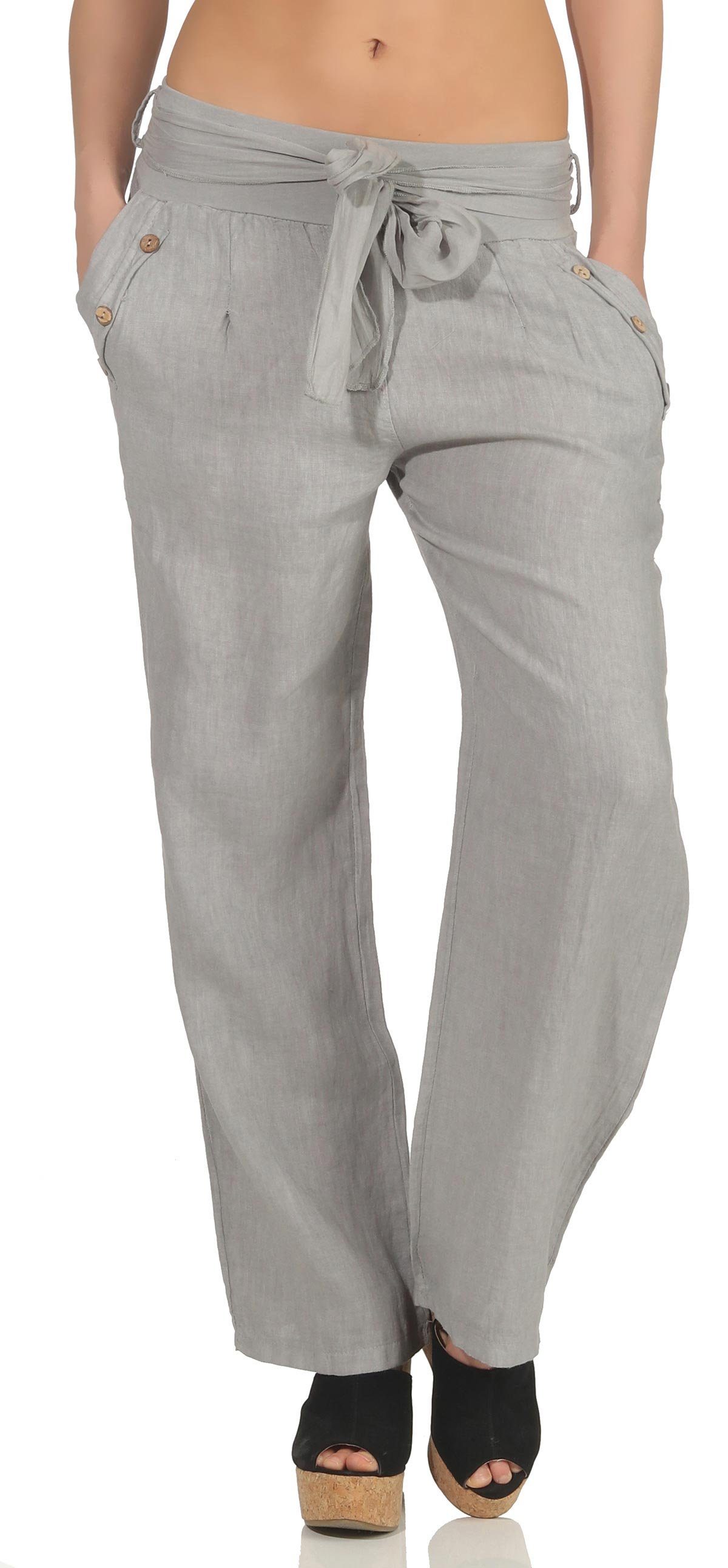 malito more than fashion Leinenhose 8174 feine Leinen Hose mit Stoffbindegürtel