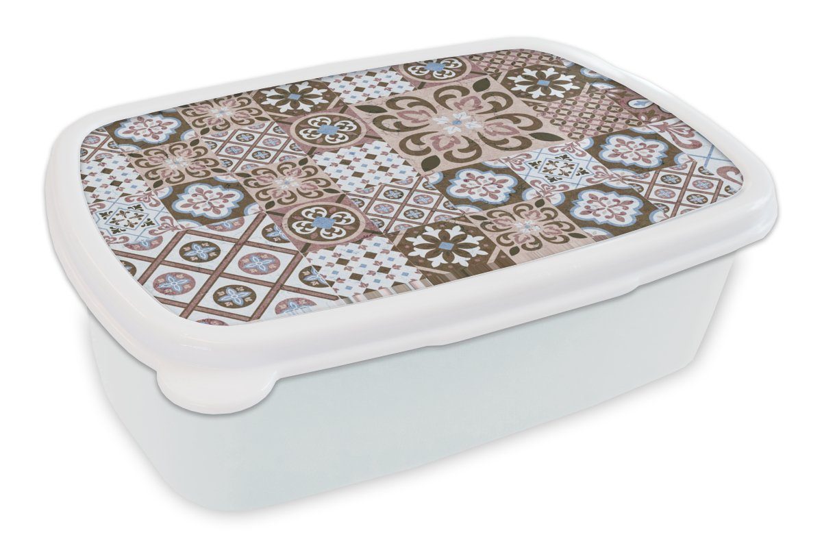 Kinder - (2-tlg), für - und Brotdose, MuchoWow Braun Brotbox Muster für Vintage Lunchbox Jungs Erwachsene, Kunststoff, und Mädchen - Formen, weiß Blumen -