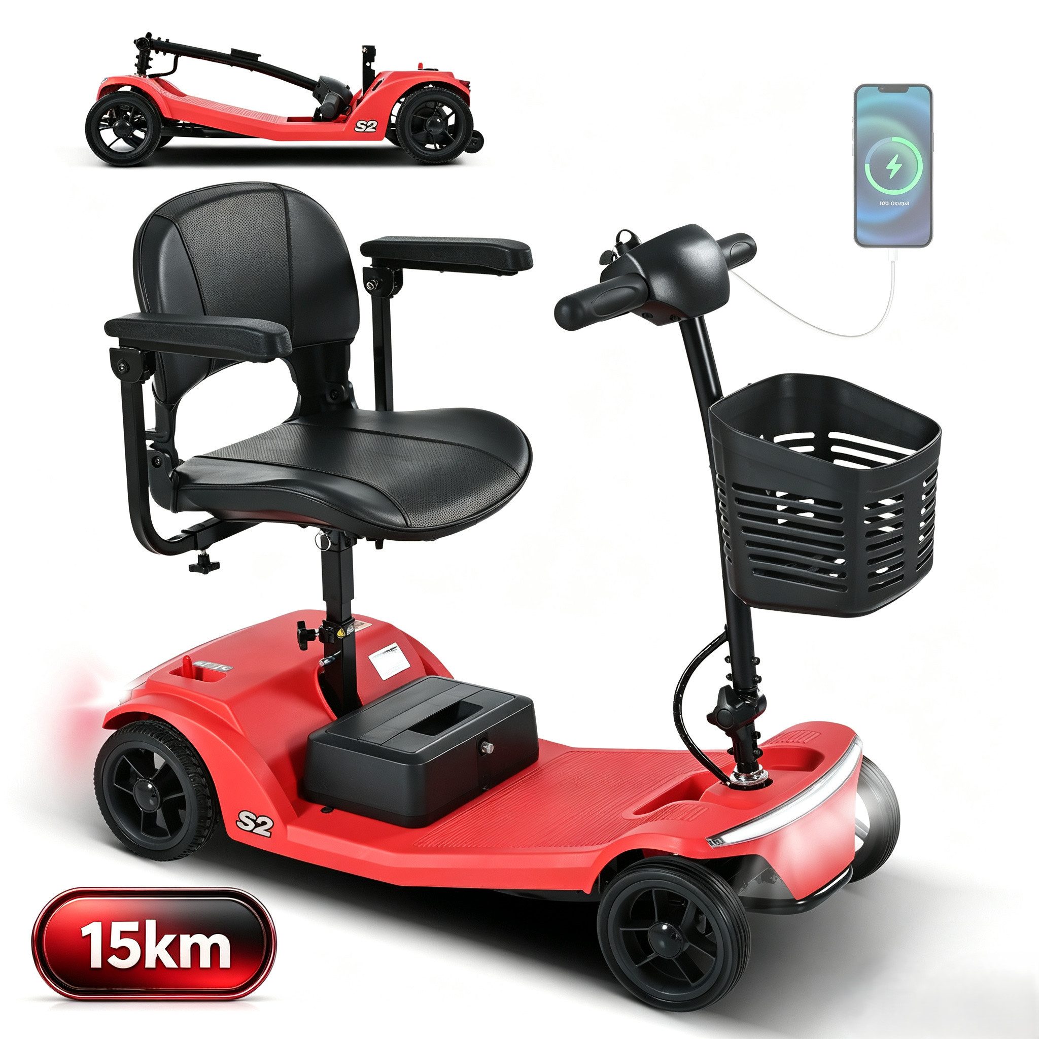 muvano Elektromobil 136 kg Tragkraft, 15km Reichweite, USB, LED-Licht, Seniorenmobil, 250 W, 6 km/h, führerscheinfrei, KOMPAKT & FALTBAR