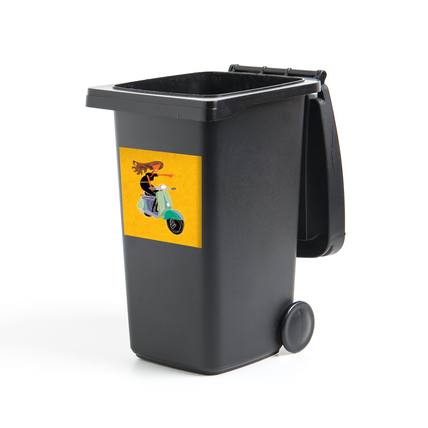 Container, gelbem Illustration Mülltonne, Sticker, auf einer Frau Abfalbehälter MuchoWow Hintergrund einer Mülleimer-aufkleber, St), (1 Wandsticker mit Vespa