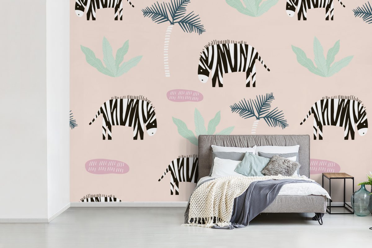 Pastell, für Tapete Wohnzimmer, St), Kinderzimmer, (6 Matt, - MuchoWow Baum Zebra Vinyl - Wallpaper bedruckt, Schlafzimmer, Fototapete