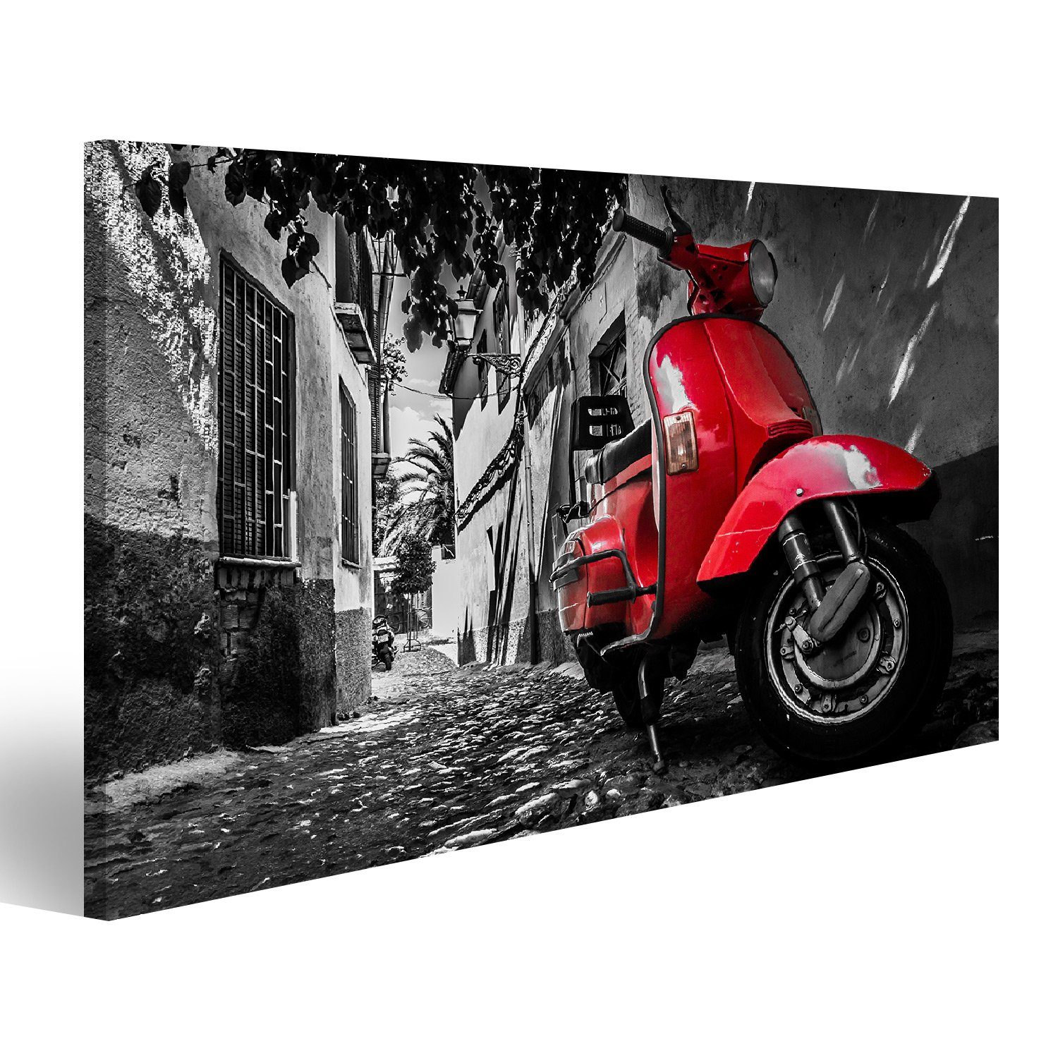 islandburner Leinwandbild Bild auf Leinwand Ein Roter Vesparoller Auf Einer Gepflasterten Straße