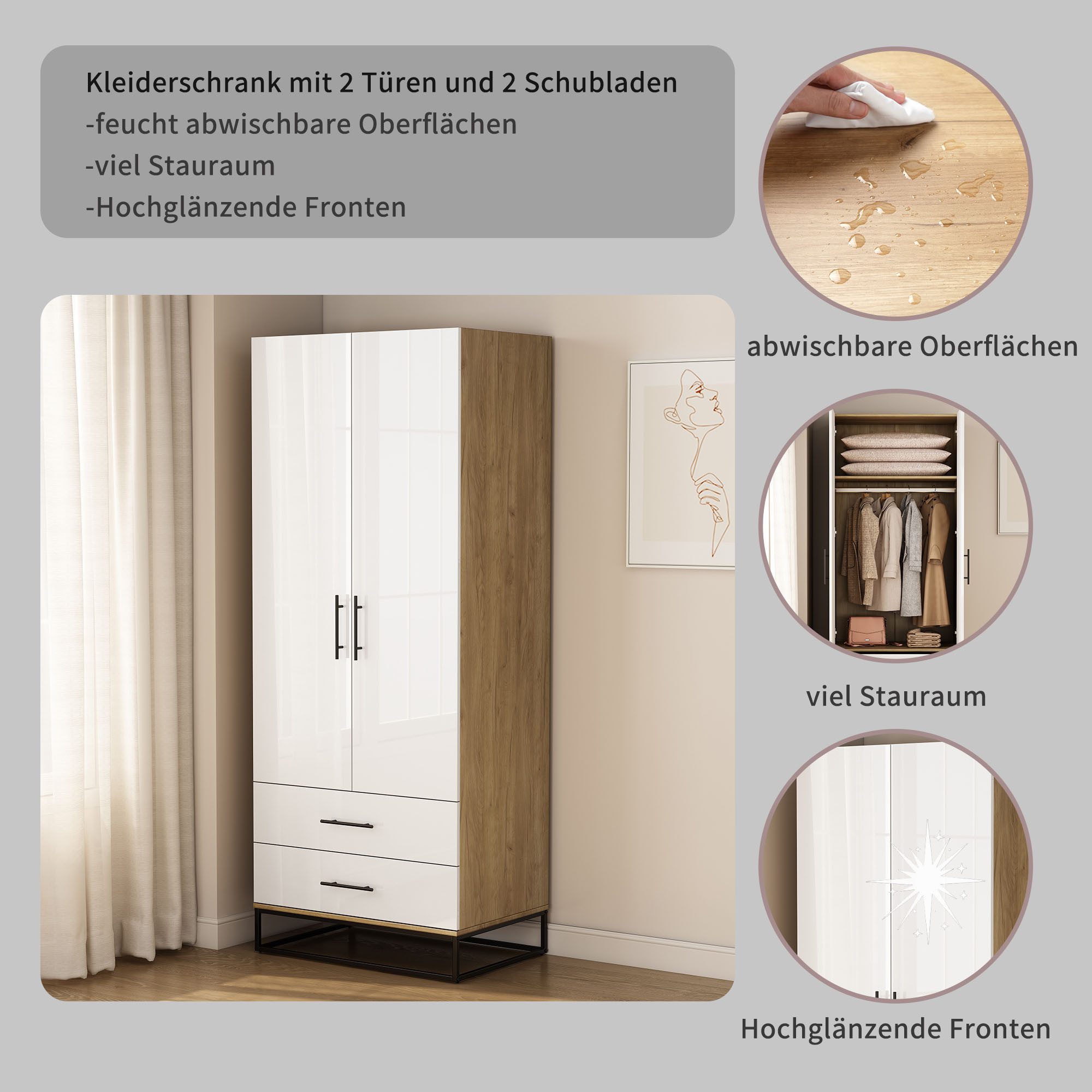 OTTO home Kleiderschrank Luca Kommode Schrank Schlafzimmer (Hochwertige schwarze Griffe und Kufengestell) Schlafzimmerschrank mit 2 Türen und 2 Schubladen, Breite 80cm