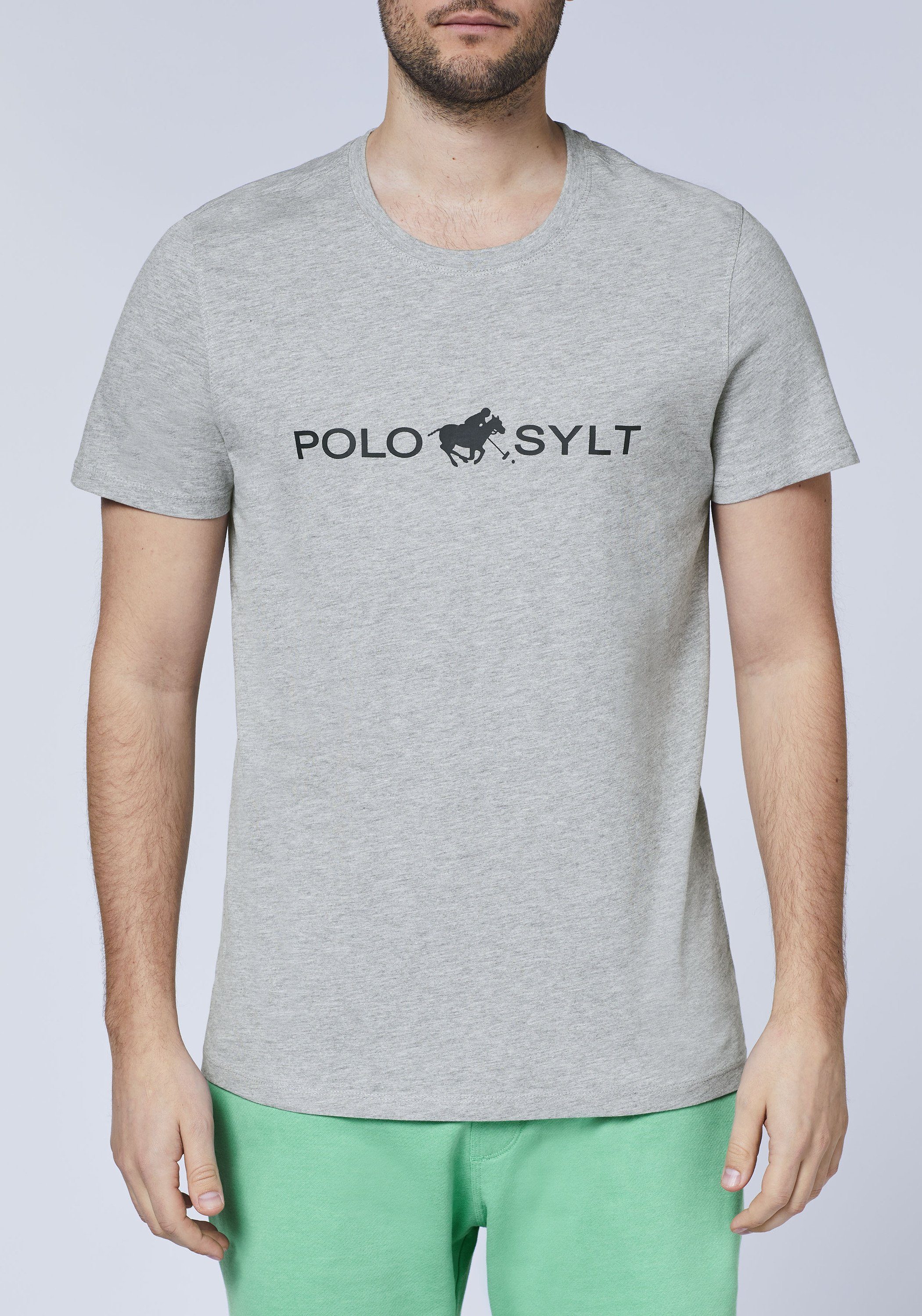 Print-Shirt Gray mit auffälligem Neutral 17-4402M Logo-Print Melange Sylt Polo