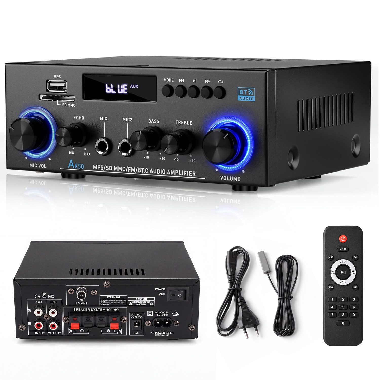 AKKEE AK-50 HiFi-Verstärker 2 Kanäle Endverstärker Bluetooth Stereo Audio Verstärker (800 W, 12V/ 220V 800W 2 Kanäle Endverstärker Soundverstärker w/UKW-Radio)