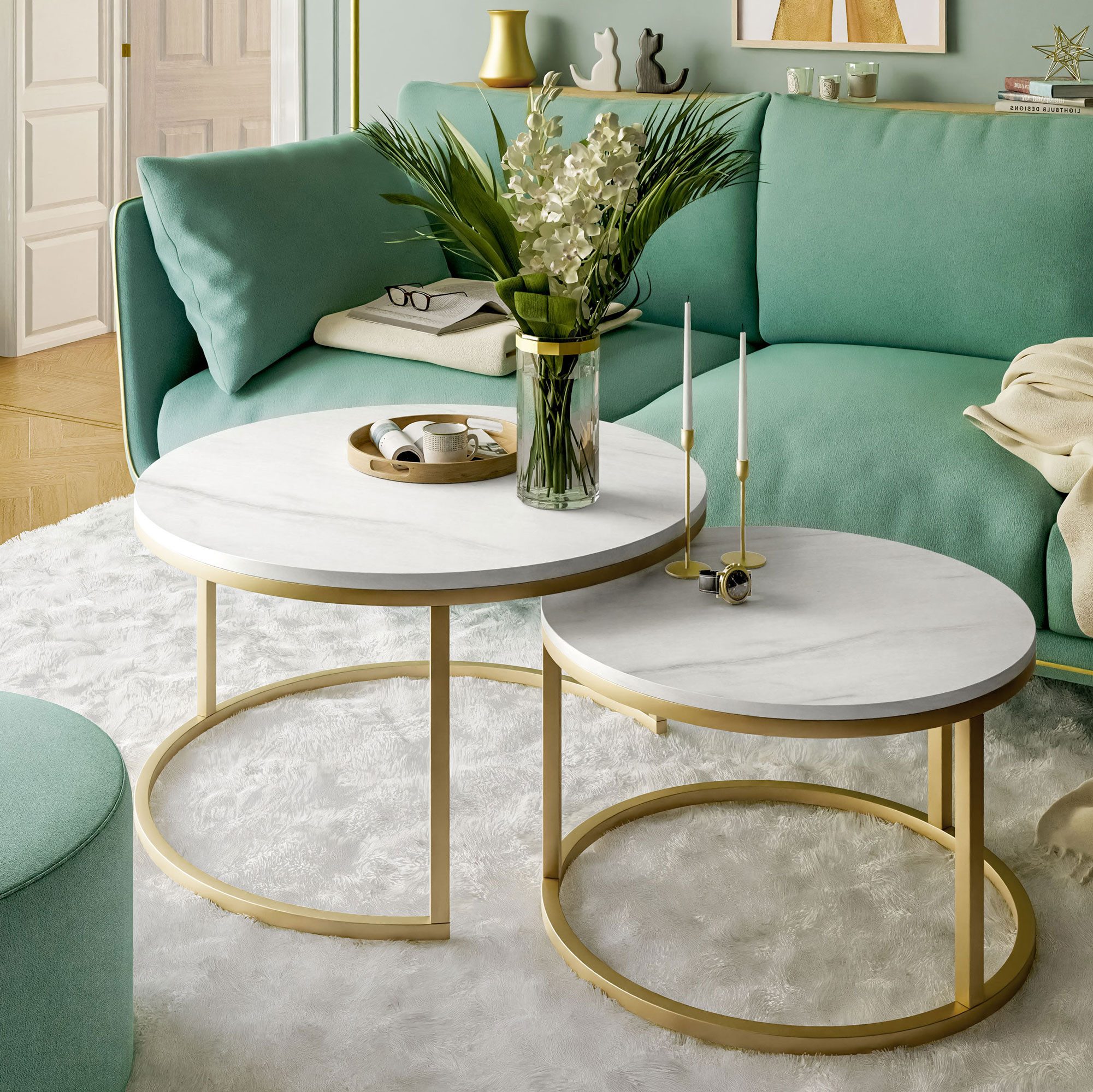 Lookway Couchtisch CIRI 2in1 LEVANTO mit goldmattem Gestell, runder Couchtisch (2er Set), Durchmesser: ⌀70 cm & ⌀50 cm und Durchmesser: ⌀80 cm & ⌀60 cm