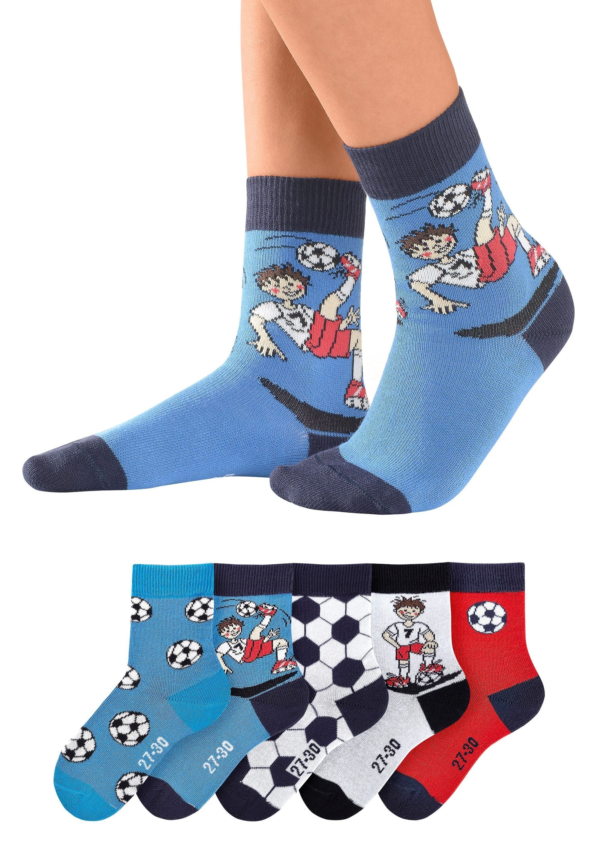 H.I.S Socken "Fußballsocken, Kinder Fußballsocken, WM Socken" (Packung, 5-Paar, Lustige Socken Gr. 23-26 bis 35-38) mit Fußballmotiven