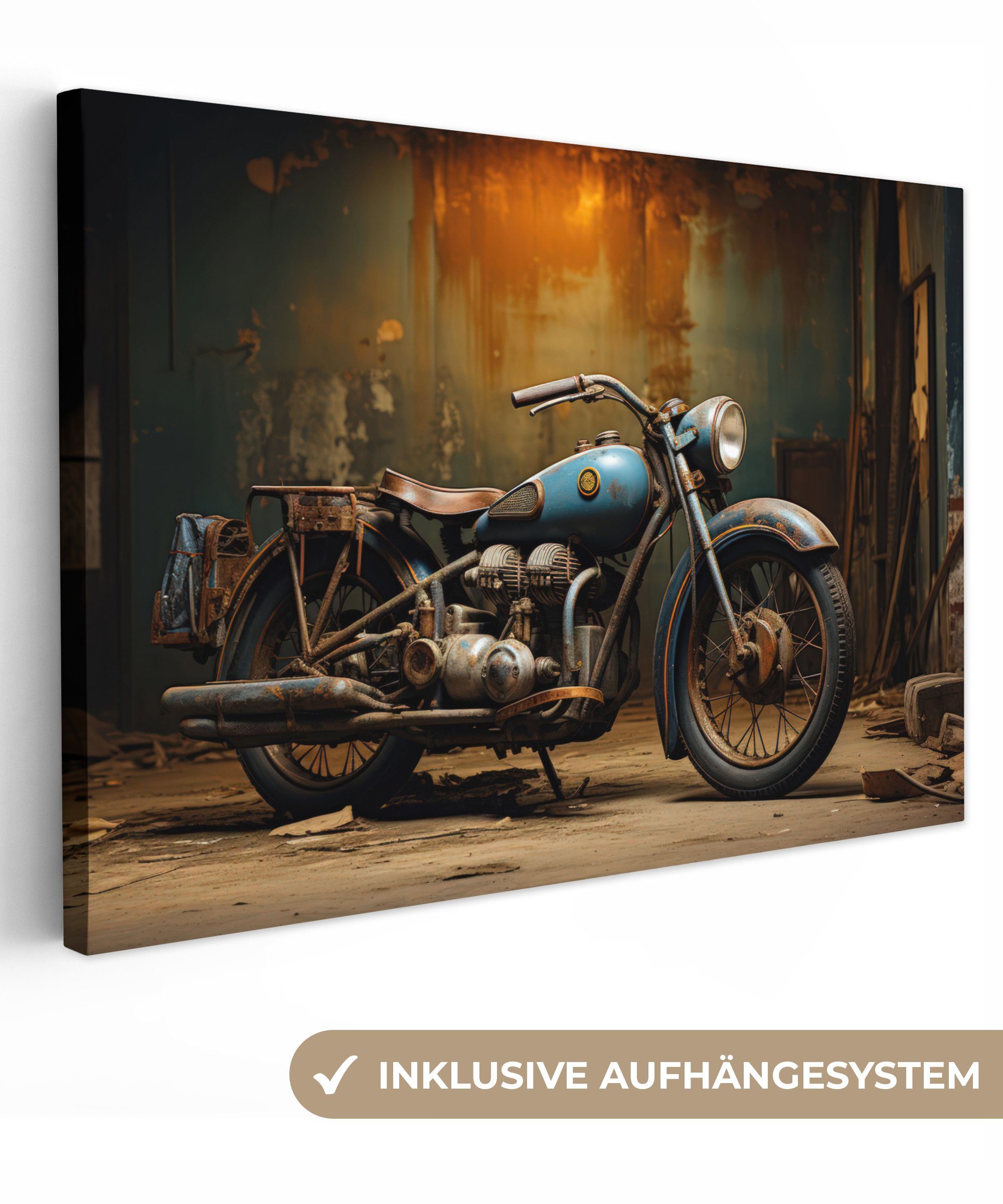 OneMillionCanvasses® Leinwandbild Vintage - Motorrad - Blau - Alt - Garage, günstig online kaufen