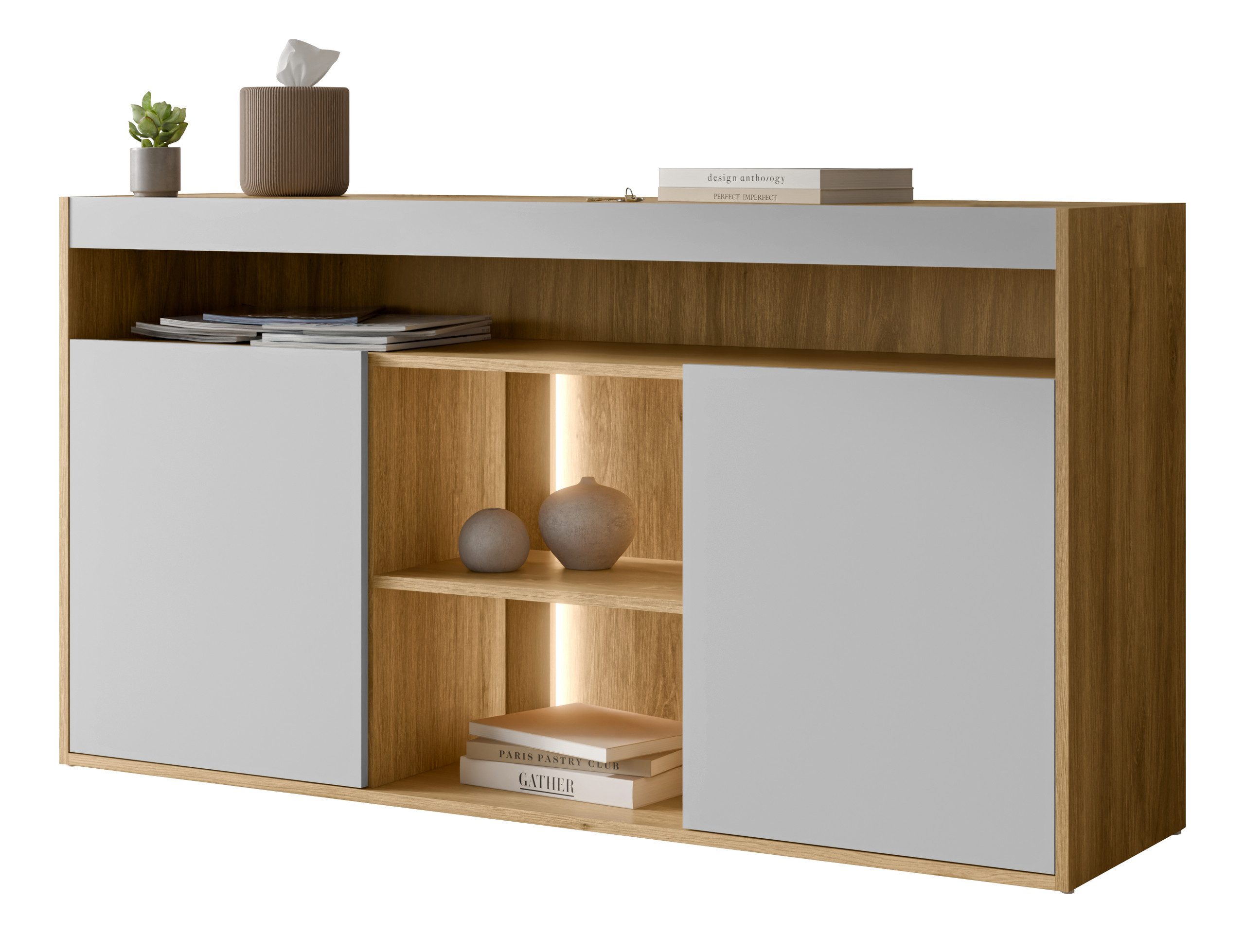MIRJAN24 Kommode Fiore 150 2D (mit zwei Drehtüren), Warmweißer LED-Beleuchtung, 151x39x79 cm