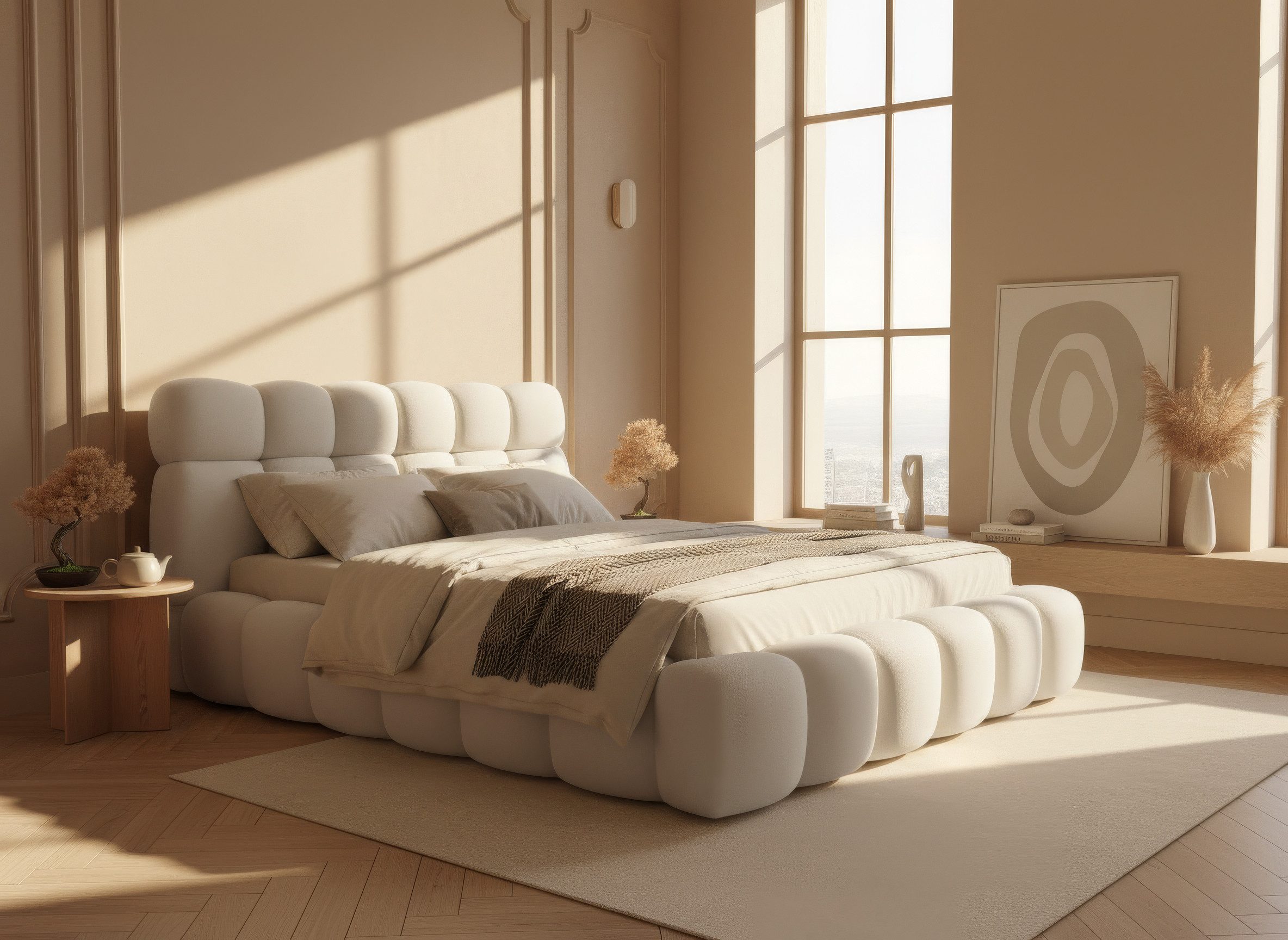 thematys Polsterbett mit Bettkasten, CLOUD 140x200 160x200 180x200 200x200cm (Kopfteil im Oversize-Look und Stauraum – weich, modern und pflegeleicht), hochwertiger Davis-Stoff in Grafit, Grau, Weiß, Beige und Kreme