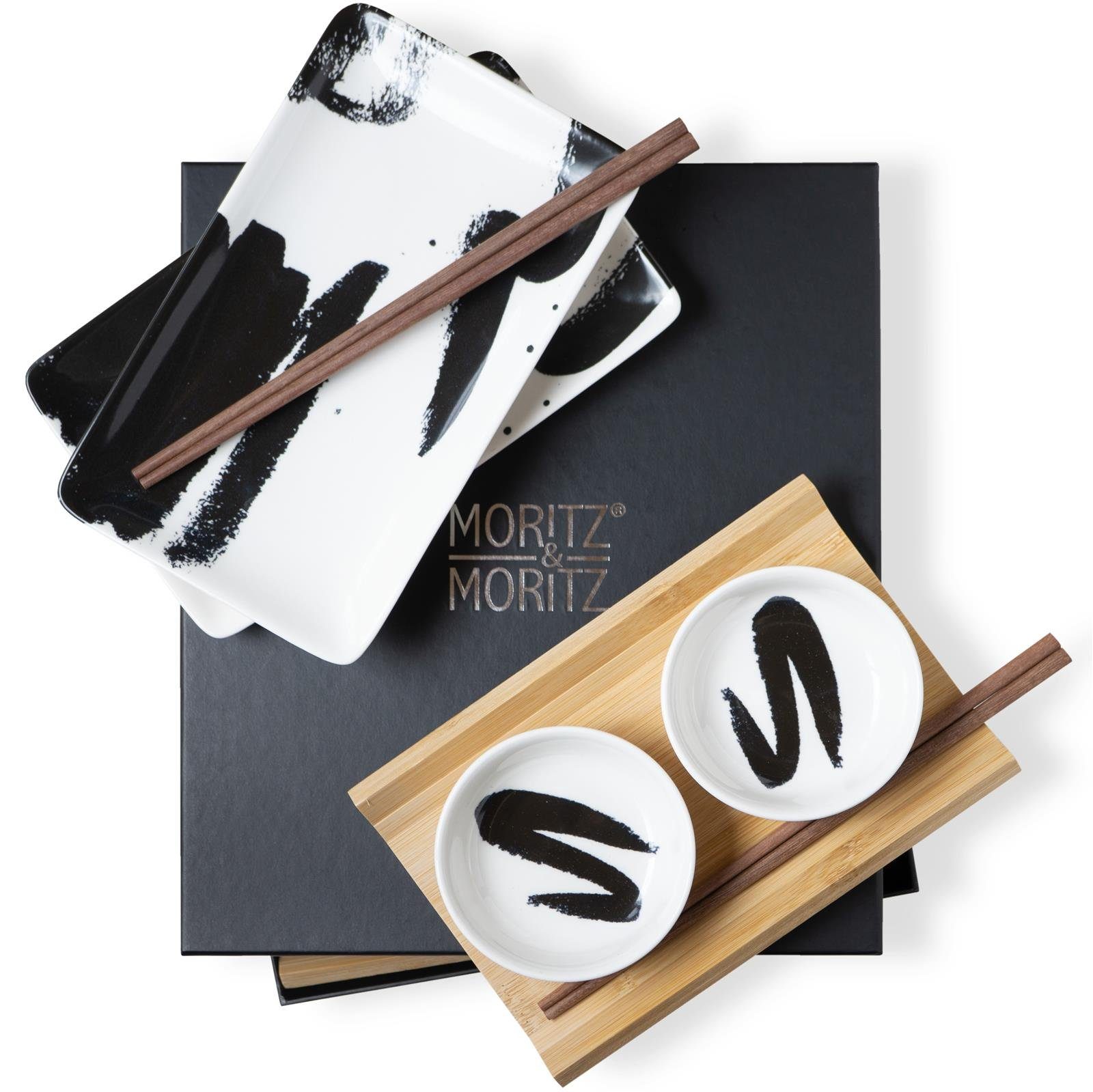 Moritz & Moritz Tafelservice Sushi Set 10tlg Pinselstriche Schwarz (8-tlg), 2 Personen, Porzellan, Geschirrset für 2 Personen