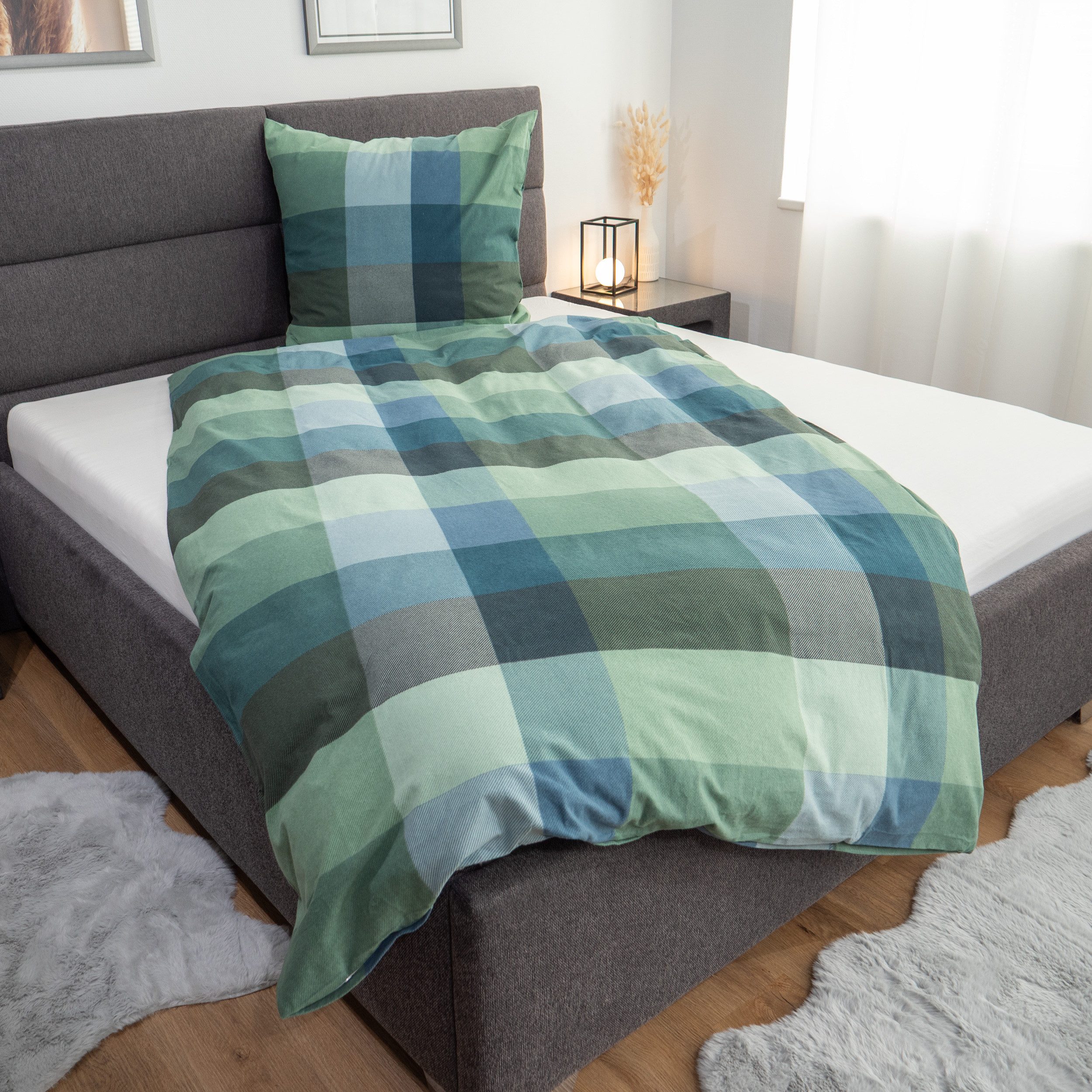 Janine Bettwäsche Edel Baumwolle, Flanell, 2 teilig, kariert in grün,blau günstig online kaufen