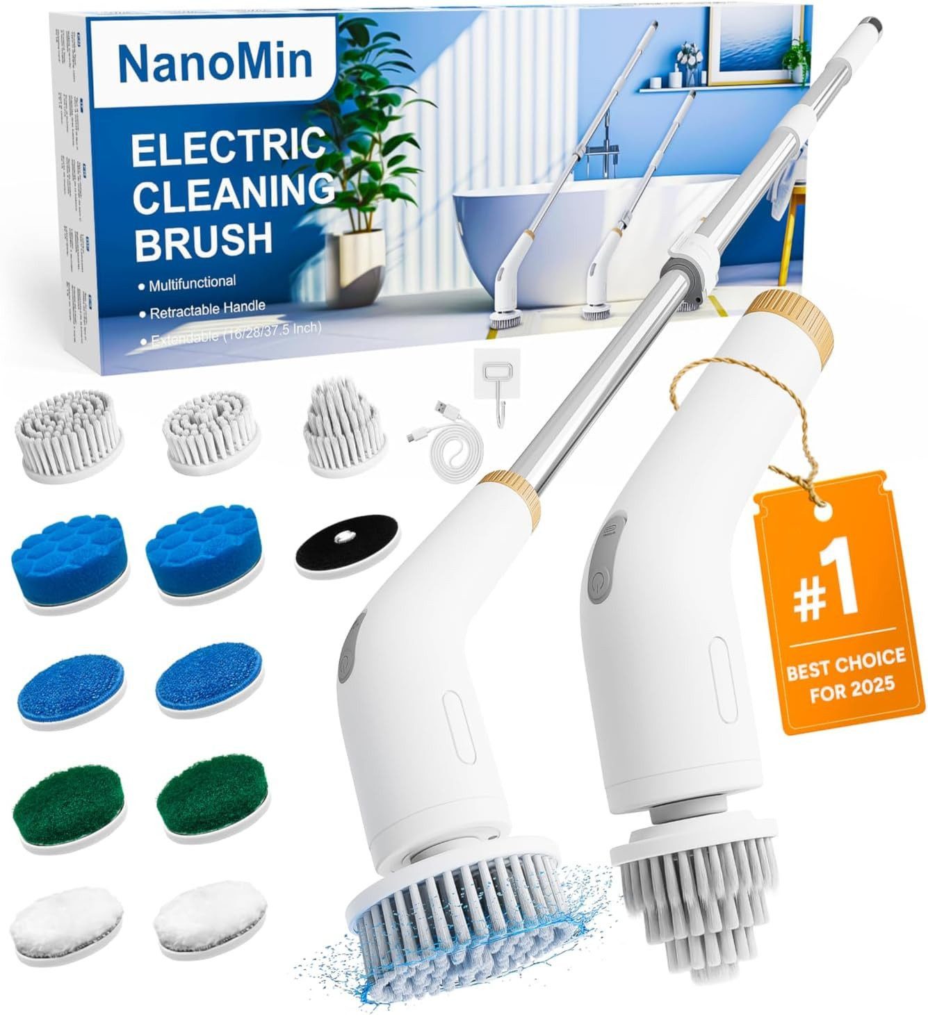 Vivitar Reinigungsbürste mit 11 Bürstenköpfen, Teleskopgriff, 2 Geschwindigkeiten kabellos, bad, kuche, Auto, Fliesen &mehr, (Multifunktionaler elektrischer Spin Scrubber, Abnehmbarer Verlängerungsgriff, rückenschonend, leistungsstark, leicht & vielseitig), TYPE-C Schnellladung, für Bad, Küche, Auto, Fliesen & mehr