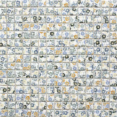 Mosani Mosaikfliesen Keramik Mosaik Retro Vintage weiß bunt Blumen Mosaikfliese