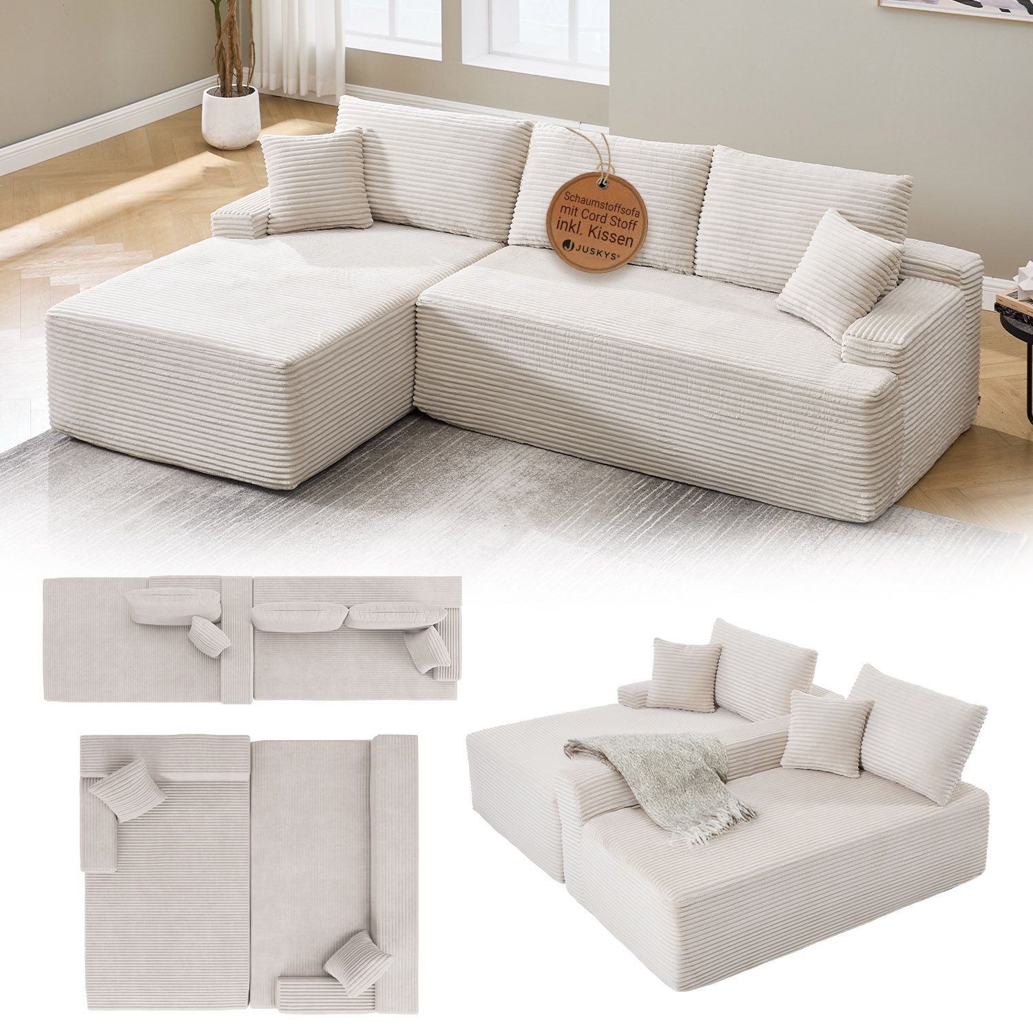 Juskys Ecksofa Coredo, Ecksofa, mit Rücken- & Dekokissen, Cordbezug, Modular platzierbar