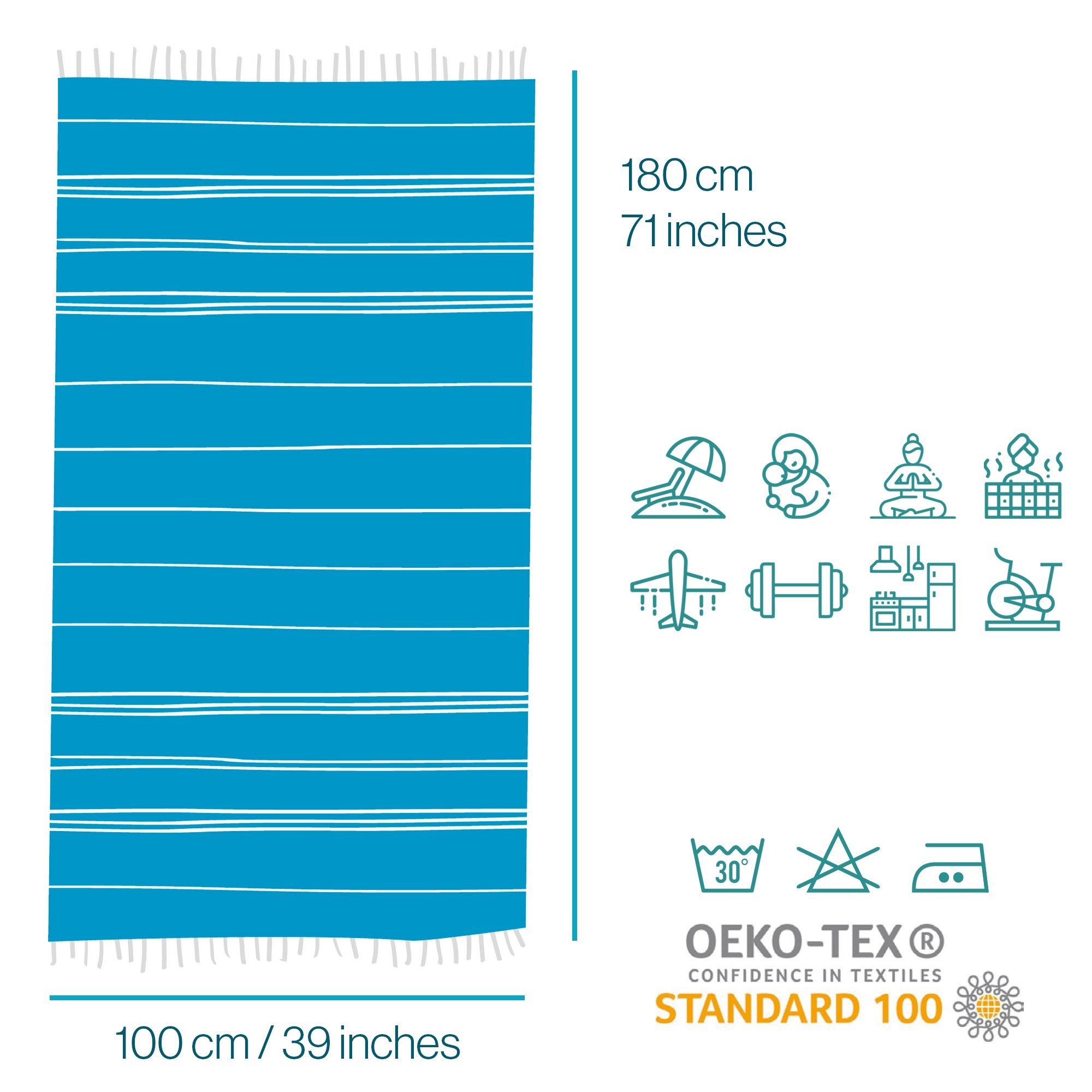 Turquoise Home Hamamtuch Signature Baumwolle Strandtuch XL Reisehandtuch, Saunahandtuch Türkis 100% 100x180cm