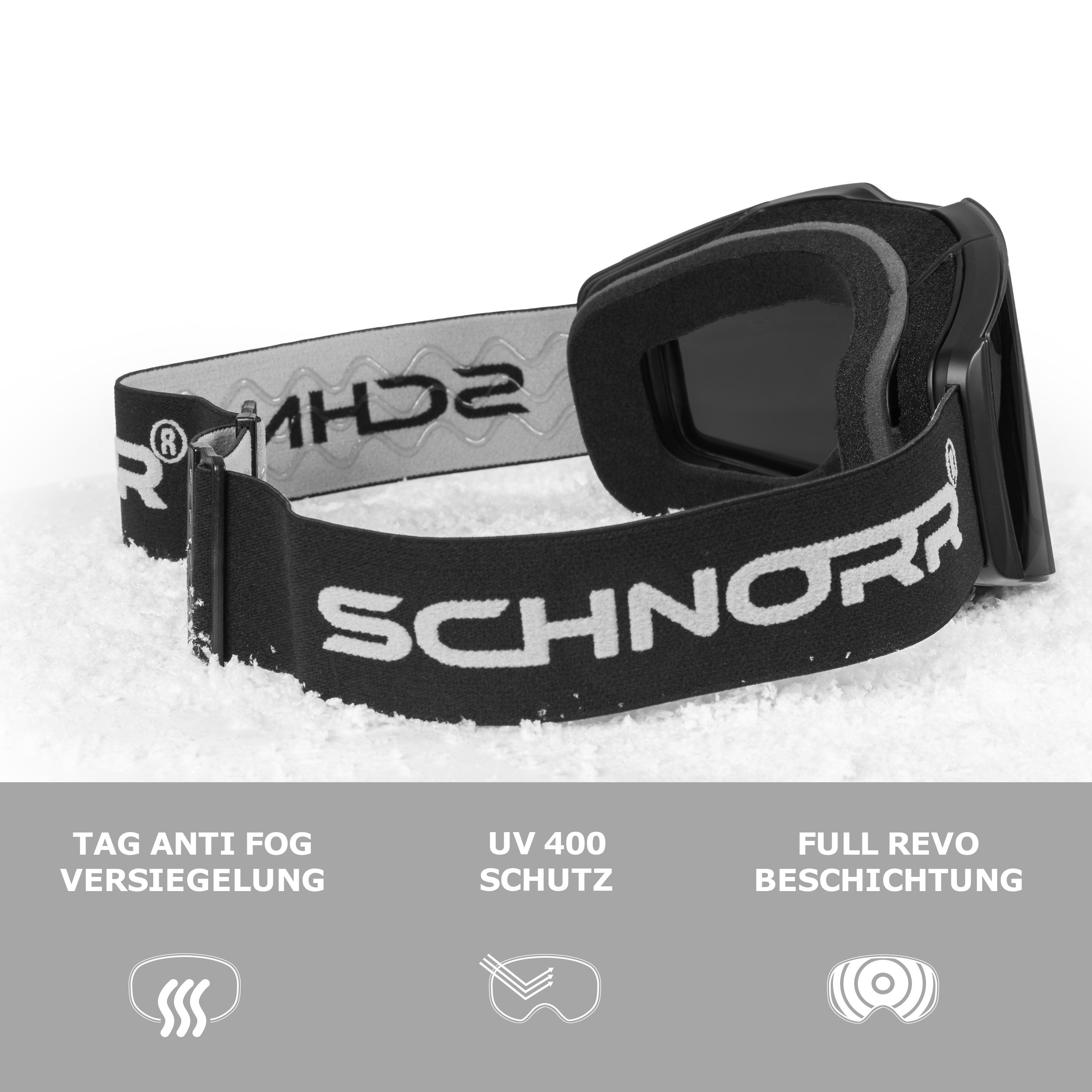 SCHNORR Sportbrille Schnorr Skibrille Edge Dunkel Grau (S4), Full REVO, Anti-Fog, UV400, (1-St), Dunkelgrau getönt (S4)