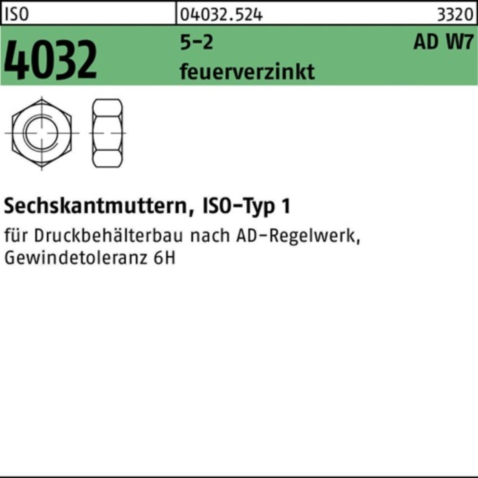 Bufab Muttern 100er Pack Sechskantmutter ISO 4032 M20 5-2 AD W7 feuerverz. 50 Stück