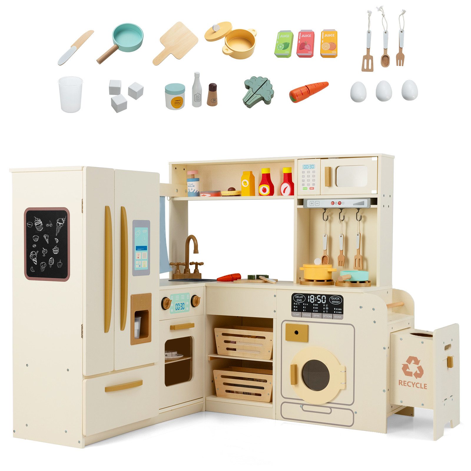 KOMFOTTEU Spielküche, Kinderspielküche Kinderküche mit Licht, Sound & 22 Zubehör