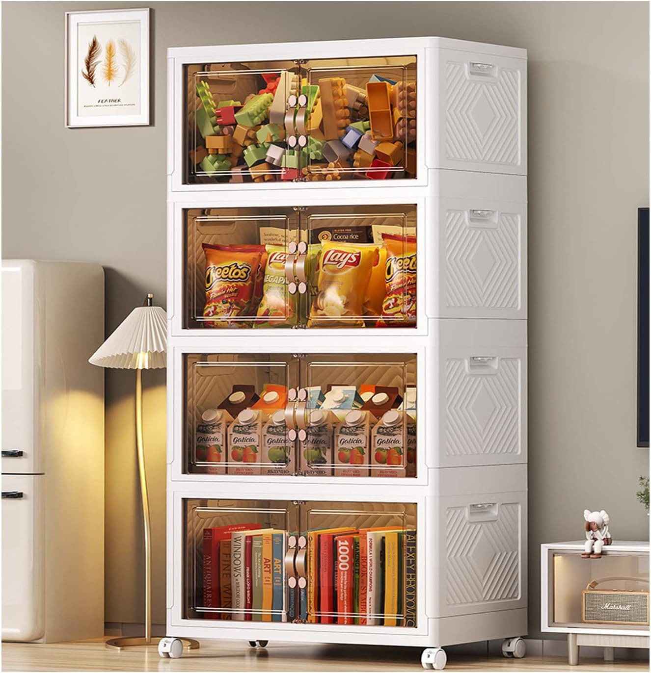 BlingBin Aufbewahrungsbox Faltbare Aufbewahrungsboxen 4er Set mit Deckeln, Türen und Rollen (4er Set, 4 St., 50 × 30 × 112.5 cm), platzsparender Organizer für Wohnzimmer, Küche und Schlafzimmer