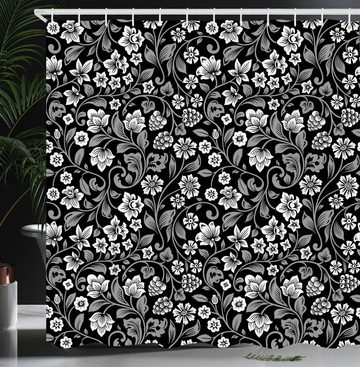 Abakuhaus Duschvorhang Moderner Digitaldruck mit 12 Haken auf Stoff Wasser Resistent Breite 175 cm, Höhe 180 cm, Schwarz und Grau Blumen mit Beeren