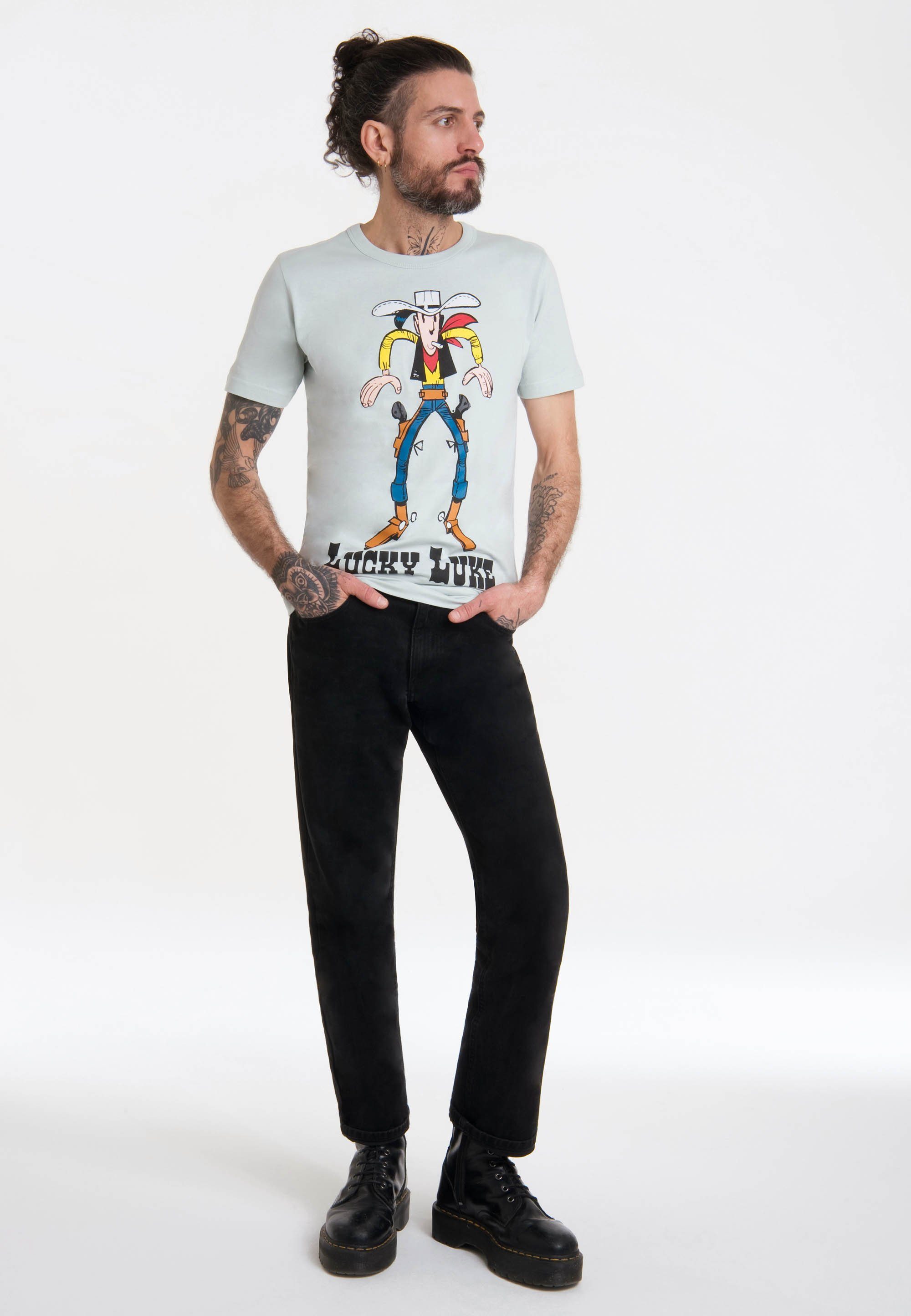 LOGOSHIRT T-Shirt Lucky mit hellblau Retro-Print Luke angesagtem