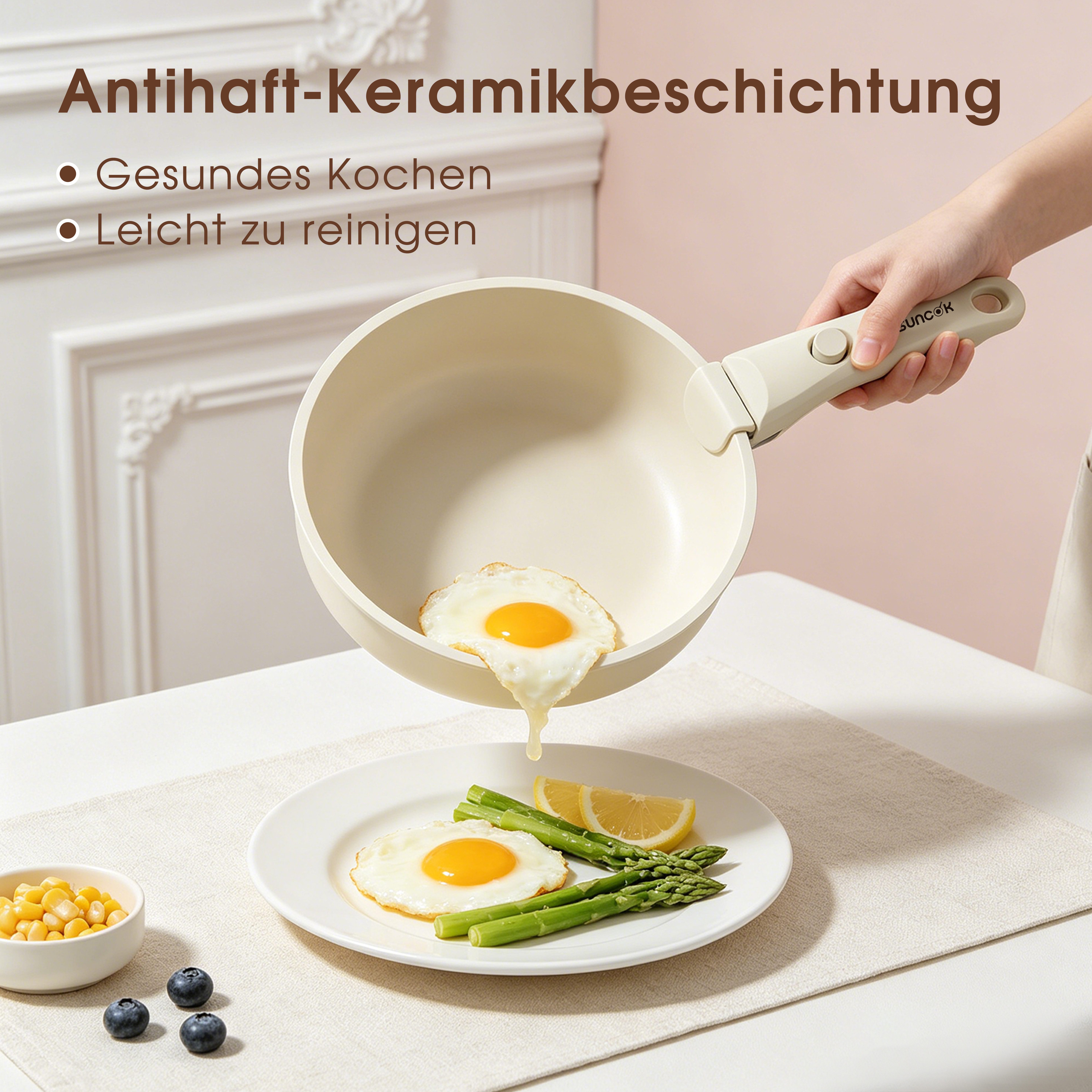 SUNCOK Topf-Set Pfannenset 19-Teilig Antihaft-Keramik-Kochgeschirr-Set,Ofenfest 450 °C, Aluminium (Set, 18/20 cm Suppentopf + 20/26 cm Bratpfanne + 26 cm Tiefe  – Bild 3 von 5