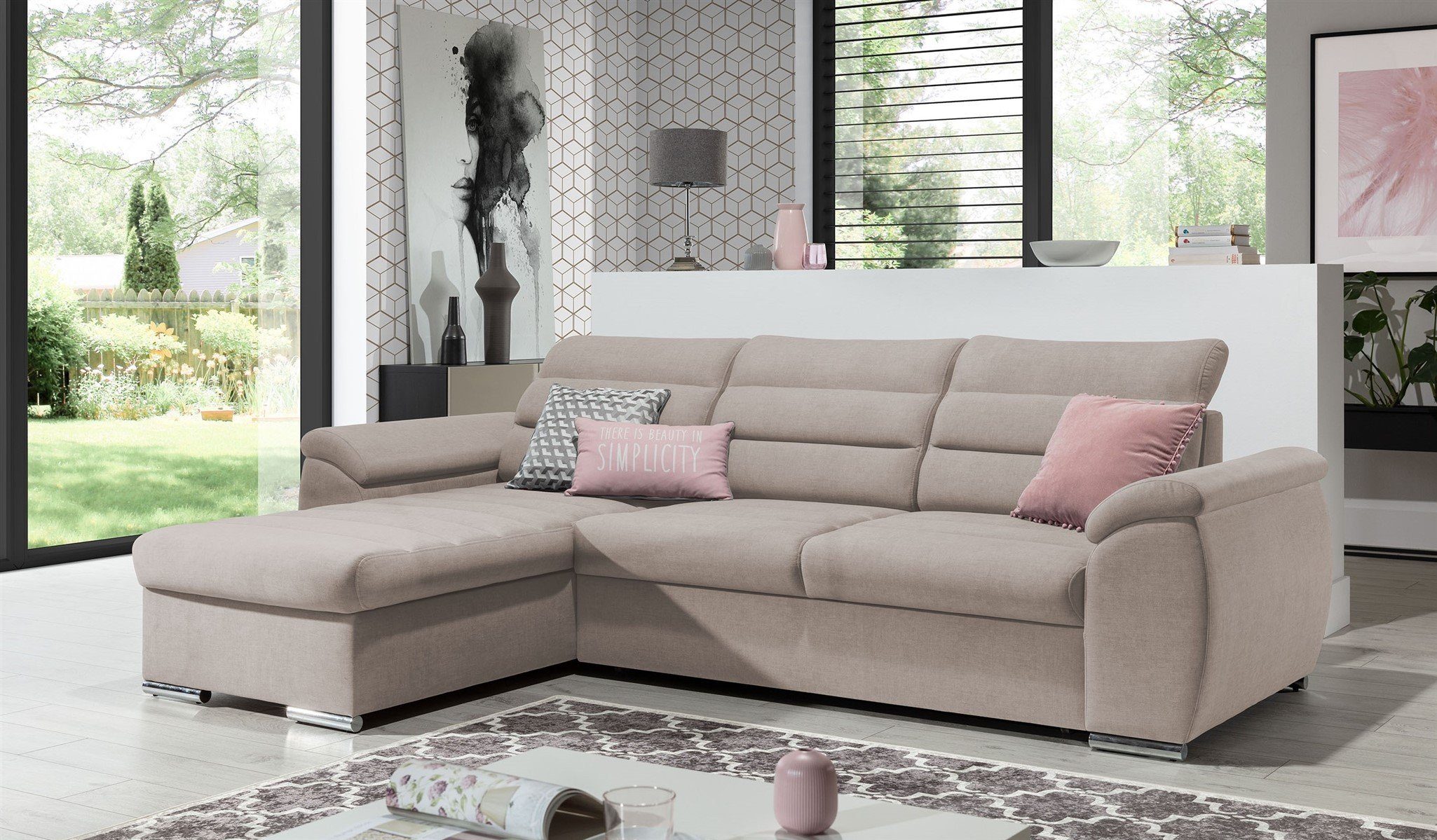 Fun Möbel Ecksofa Schlafsofa PASCARA XS in Stoff mit mane, Bettkästen, Rundumbezug Beige | Ecksofas