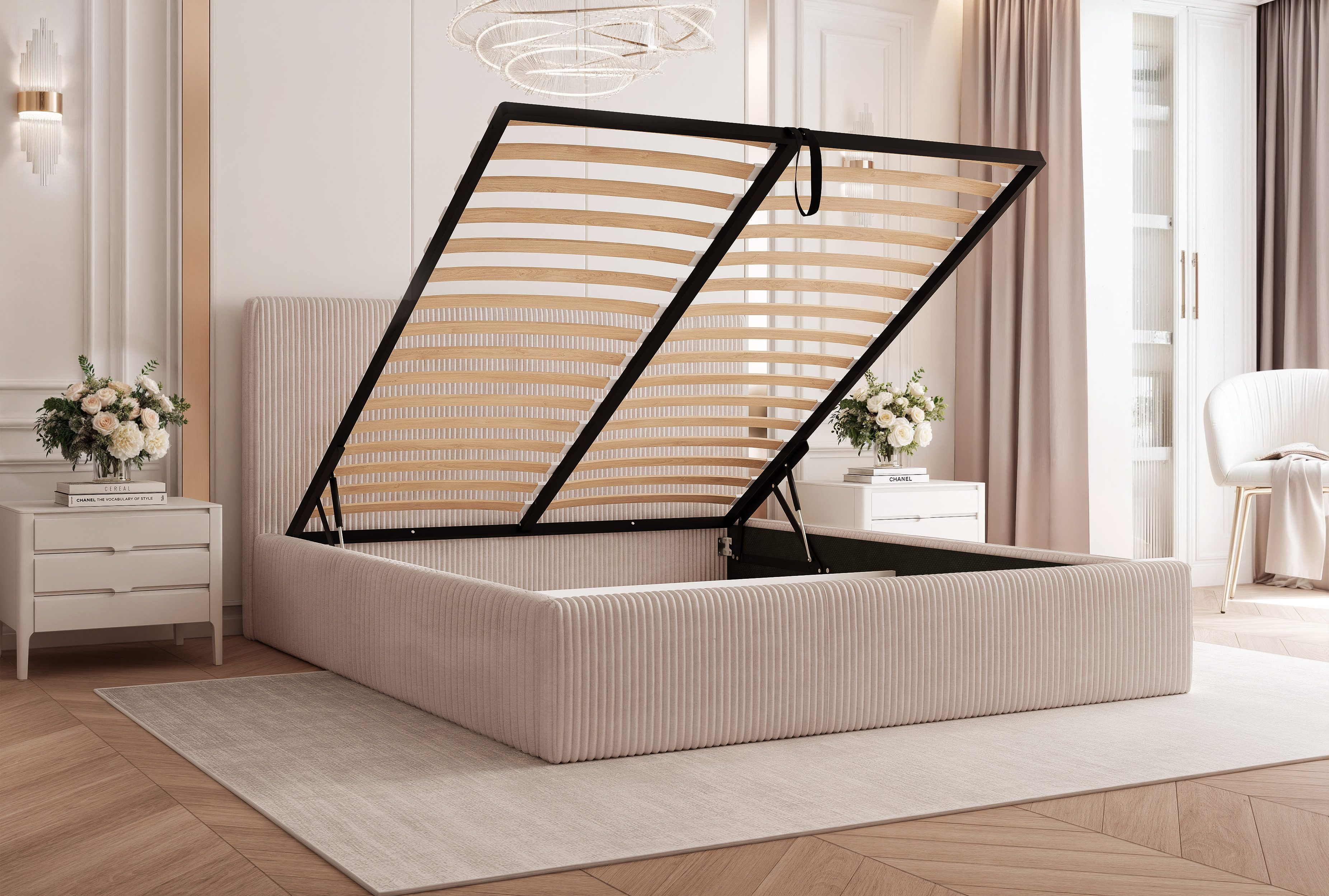 Goldstoff Polsterbett Modernes Bett "LUMINA" mit großem Stauraum und gepolstertem Rahmen (120–200x200 cm, Kopfteilhöhe 70/110 cm), Elegantes Stauraumbett mit ge – Bild 5 von 5
