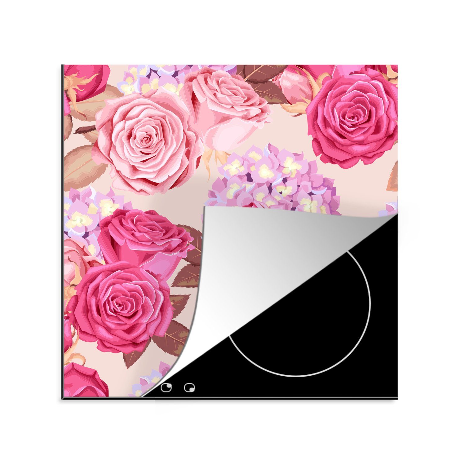 MuchoWow Herdblende-/Abdeckplatte Blumen - Rosen - Rosa, Vinyl, (1 tlg), 78x78 cm, Ceranfeldabdeckung, Arbeitsplatte für küche | Herdabdeckplatten