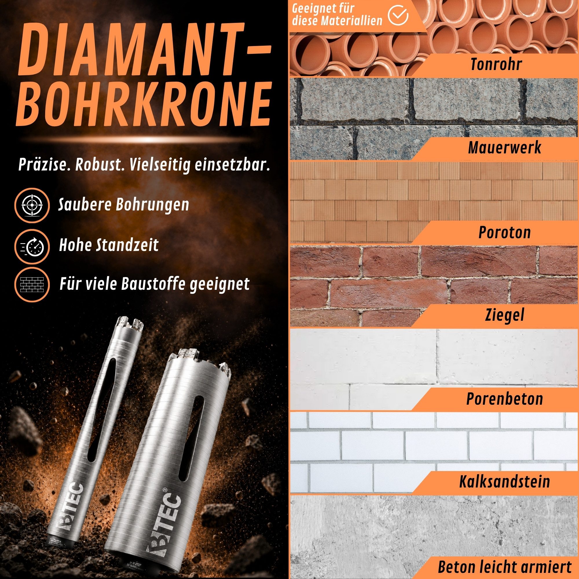 BTEC Diamanttrockenbohrer Diamant Bohrkrone 180mm Ø 32mm SDS + Adapter lang mit Zentrierbohrer, Ø 32 mm – Bild 2 von 5
