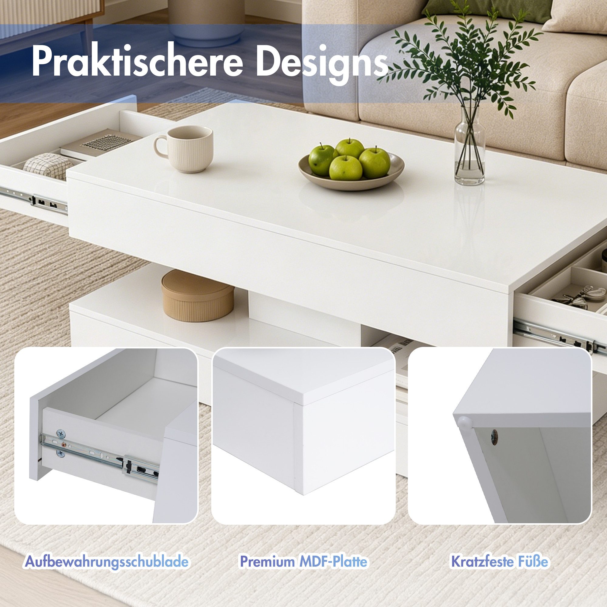 Sunsitt Couchtisch Moderner Couchtisch in Hochglanz-Optik (Wohnzimmertisch mit 2 Schubladen, 100 x 50 x 45 cm), Sofatisch für Wohnzimmer, Schlafzimmer & Büro, W – Bild 5 von 5