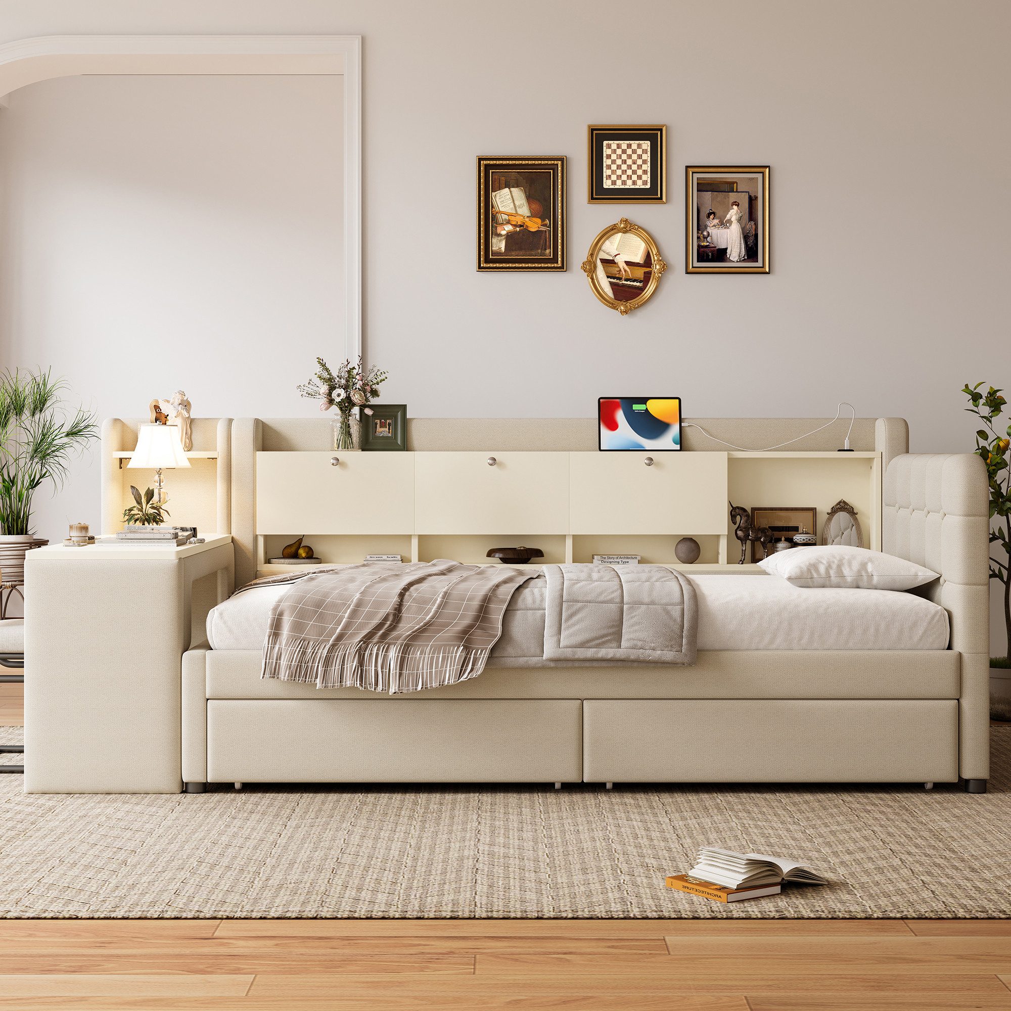 SOFTWEARY Stauraumbett mit Schreibtisch (90x200 cm, Lattenrost, Regal, Schubladen, USB und Type-C Anschluss), Einzelbett, Polsterbett, Leinen