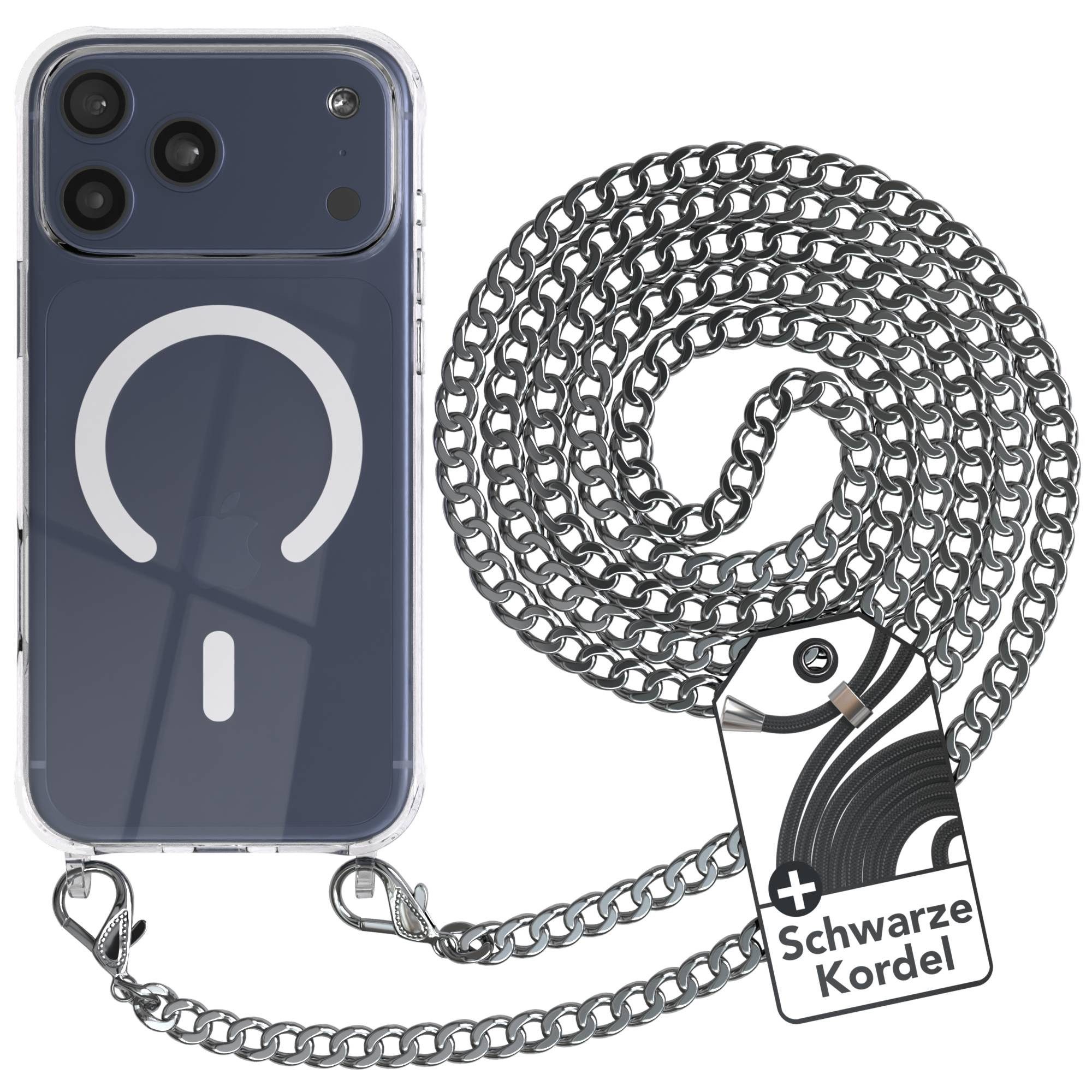 EAZY CASE Handykette Metall MagSafe Hülle für Apple iPhone 17 Pro Max 6,9 Zoll, Hülle mit Band Silikon Handytasche durchsichtig Chain Slimcover Silber