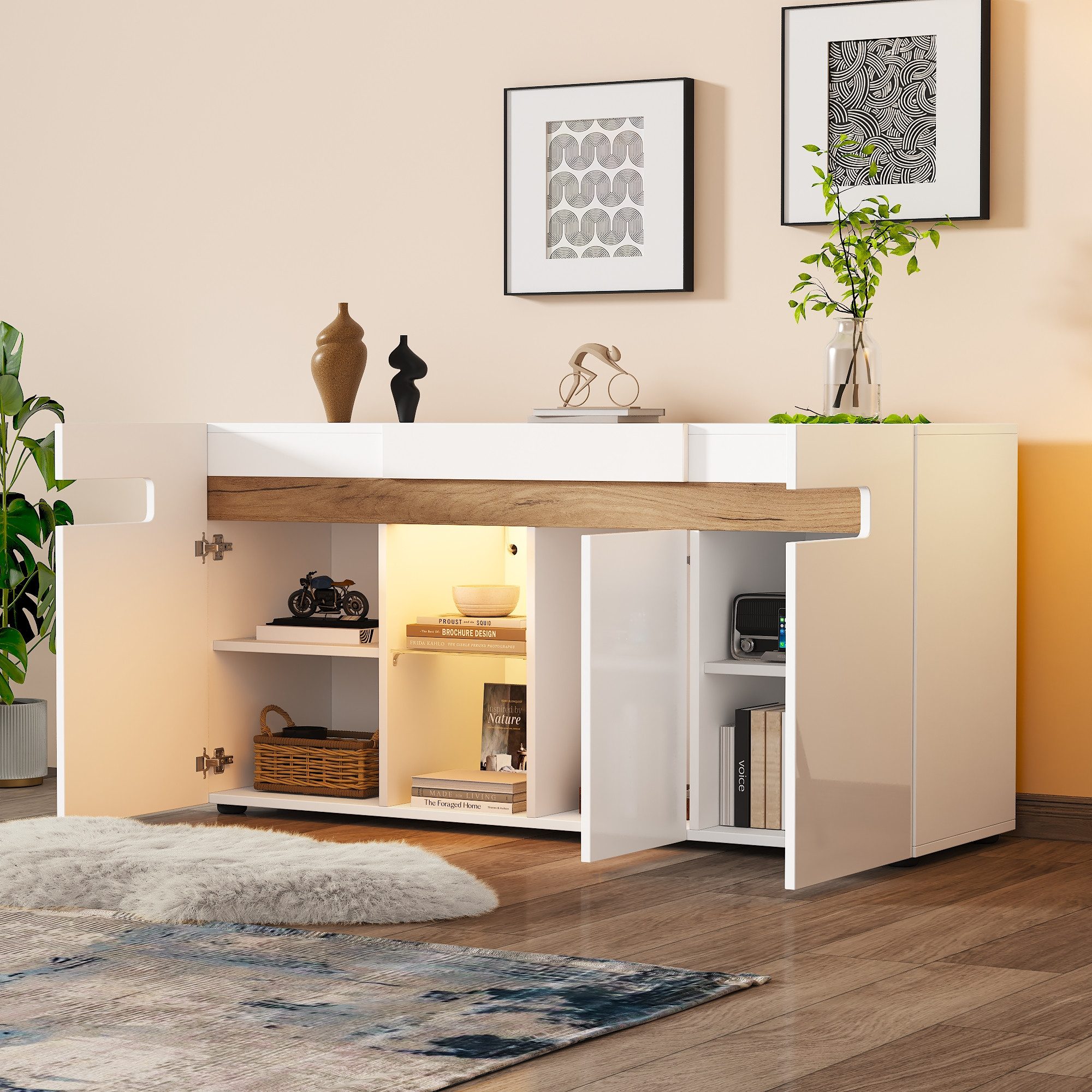 Merax Sideboard Sideboard mit LED, Buffetschrank Anrichte mit Holzoptik (1 St., 140x40x70cm), Kommode mit 3 Türen mit Hochglanzfront, Glasboden & großem Stauraum