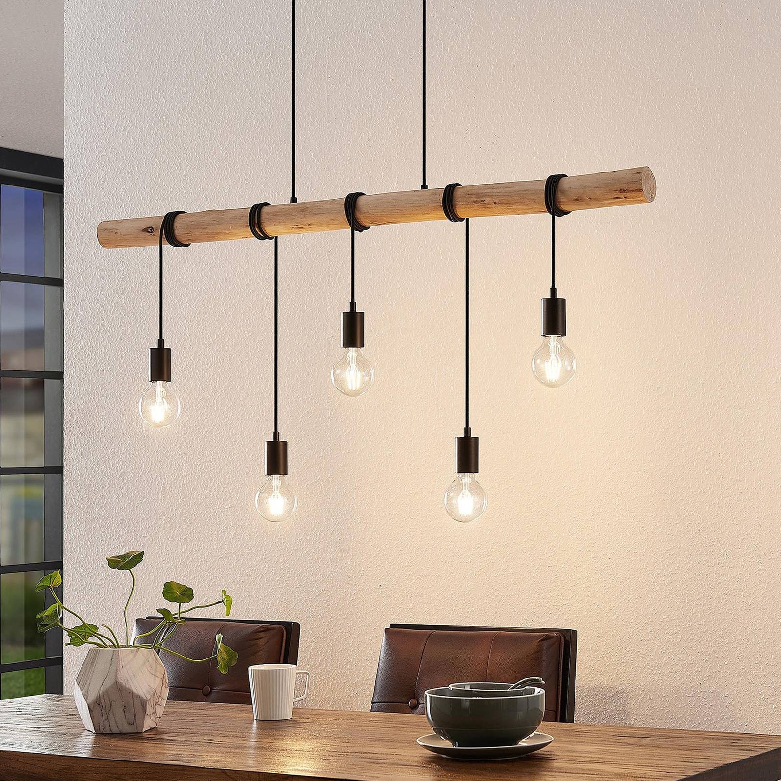 Lindby Hängeleuchte Rom, 5-flg., Holz, Seil, schwarz, 116 cm günstig online kaufen