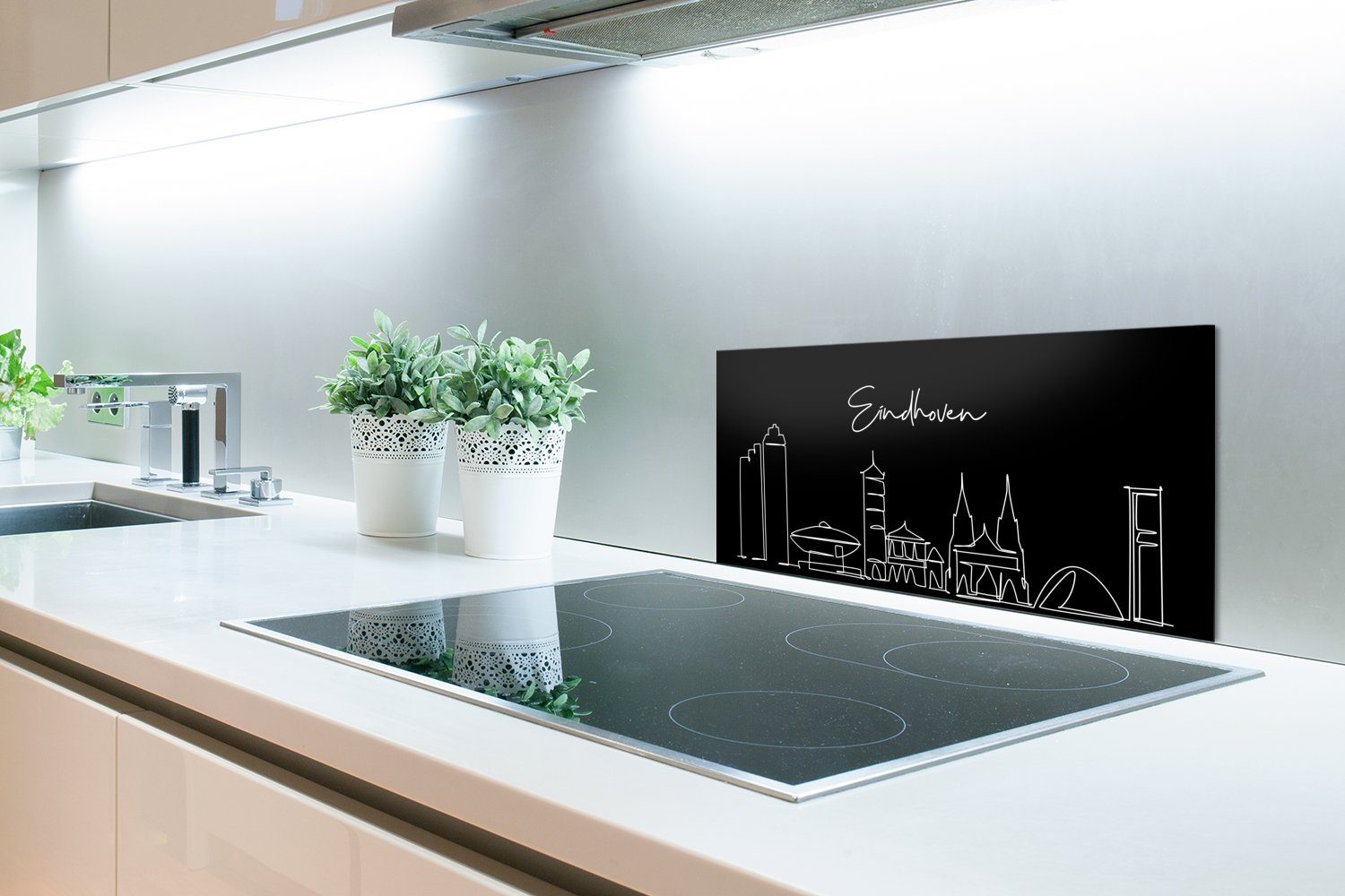 MuchoWow Küchenrückwand Strichzeichnung Niederlande - 60x30 weiß, und - für Eindhoven Wandschutz, gegen Schwarz Fett - Skyline - Küchen Schmutzflecken und (1-tlg), cm