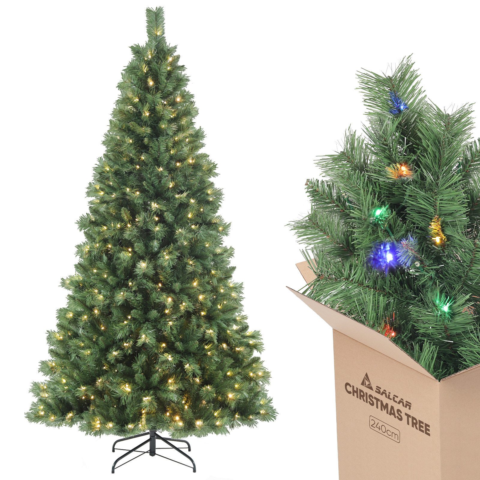 Salcar Künstlicher Weihnachtsbaum Künstlicher Weihnachtsbaum mit Beleuchtung Bunt und Warmweiß LED, 240cm mit 1168 Spitzen und 450 LEDs