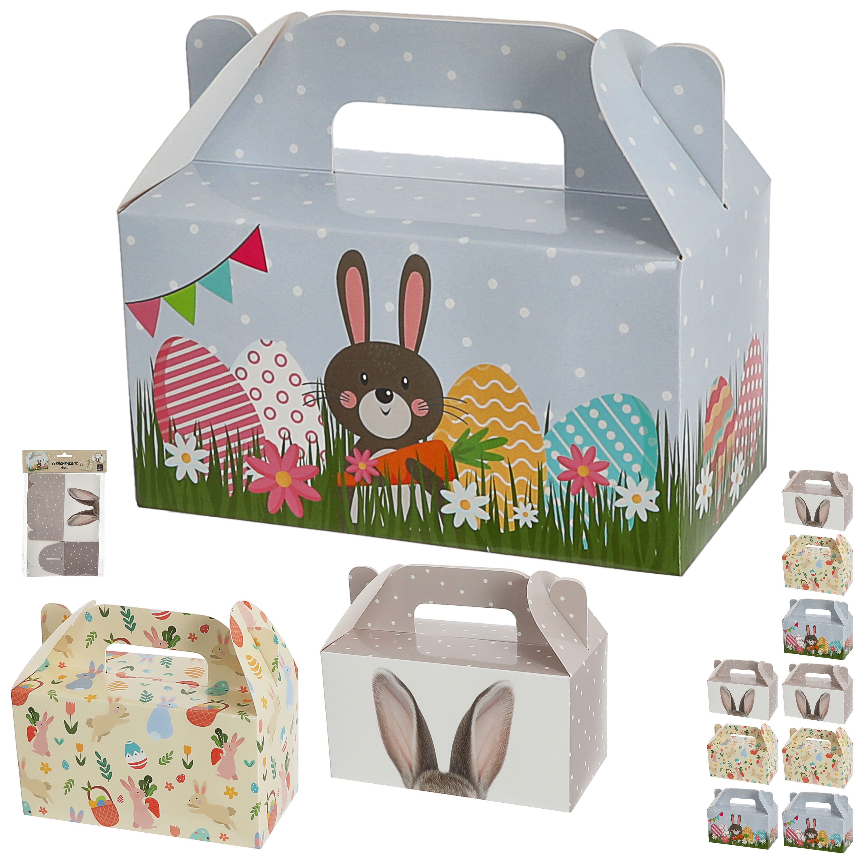 Osternest Osterbox mit Henkel 12er Set 14x13x7,5cm Papier 300gsm bunt 3 Motive