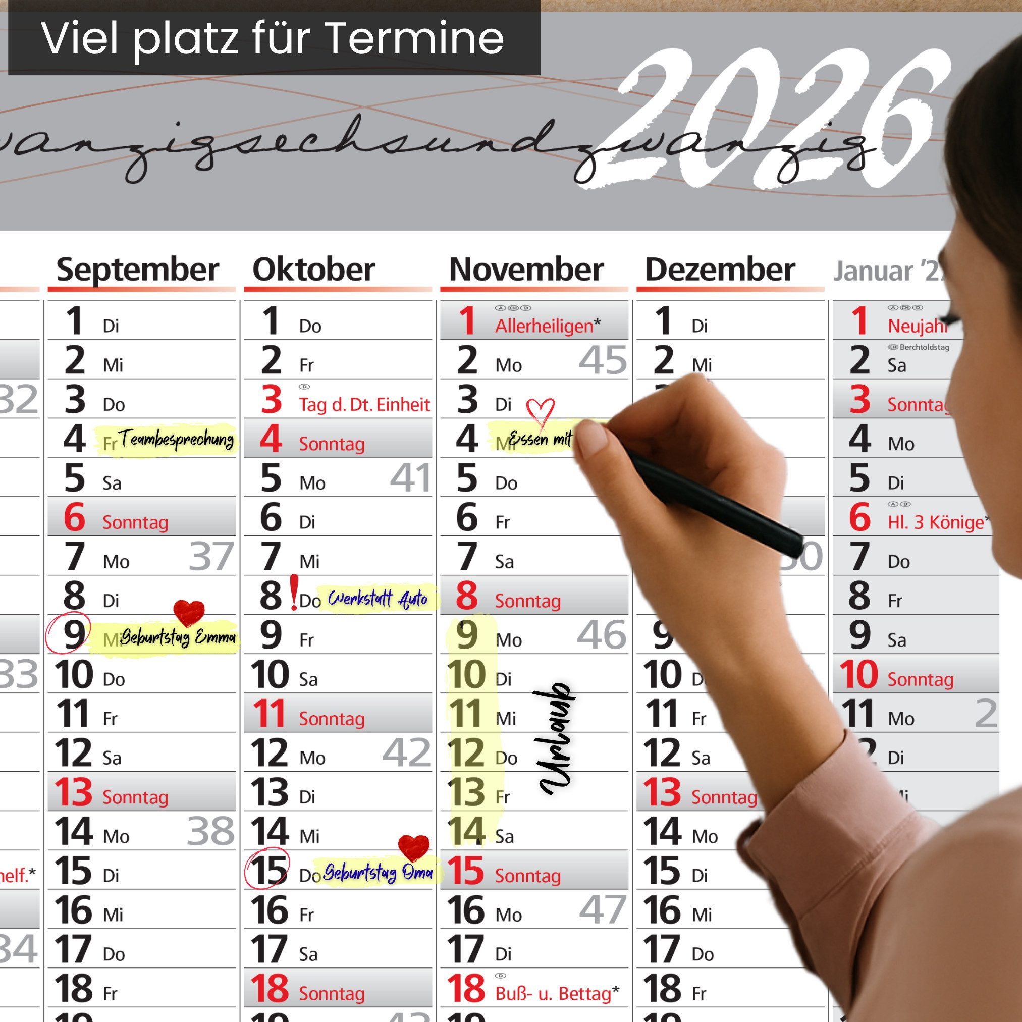Kamber Office Wandkalender 2026 Jahreskalender XXL groß 14 Monate Bürokalender gefalzt, Schulferien, Großformat 114x64 cm