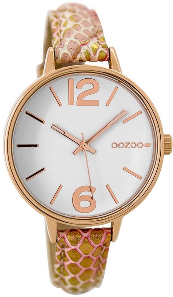 OOZOO Quarzuhr Oozoo Damen Armbanduhr pink gold, Damenuhr rund, mittel (ca.  38mm) Lederarmband, Fashion-Style