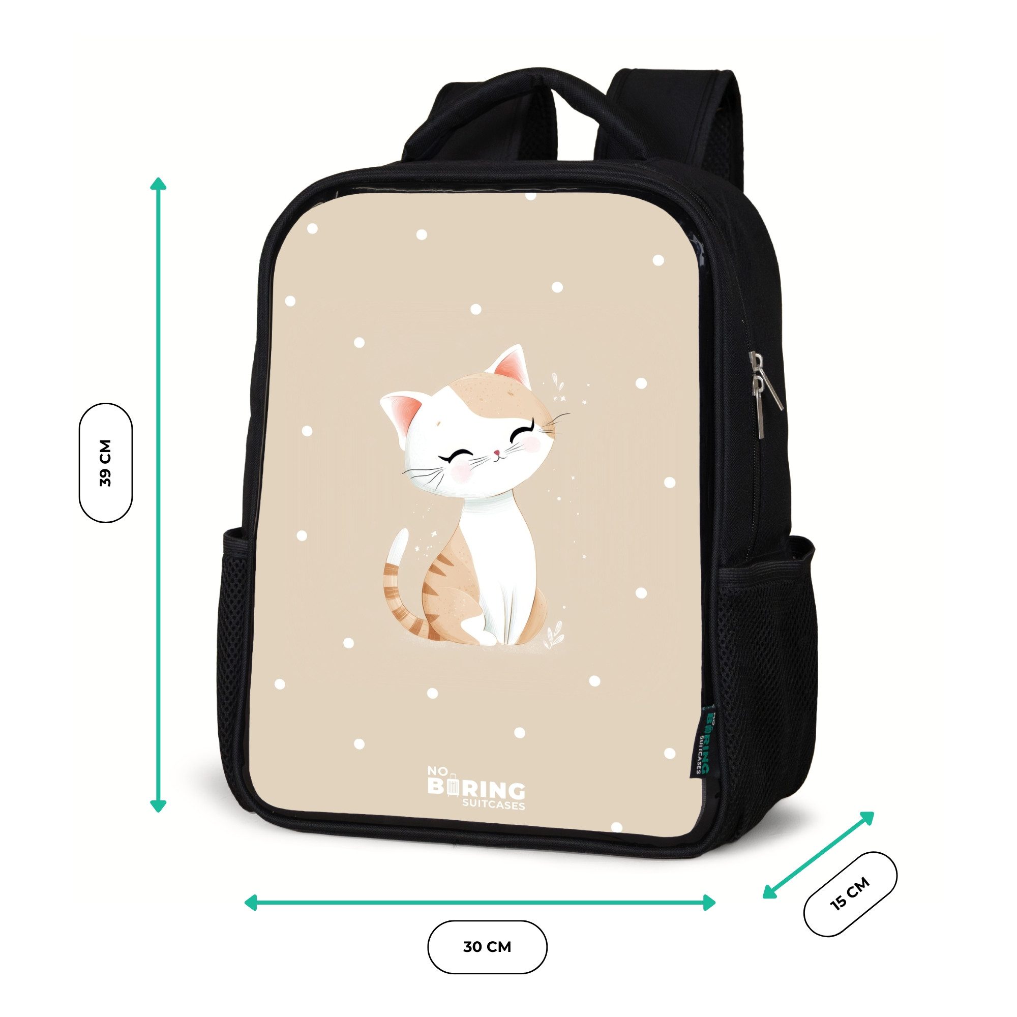 NoBoringSuitcases.com© Rucksack Katze umgeben von beigen Punkten, Kinderrucksack Schwarz, Schulrucksack, Freizeitrucksack Jungen Mädchen