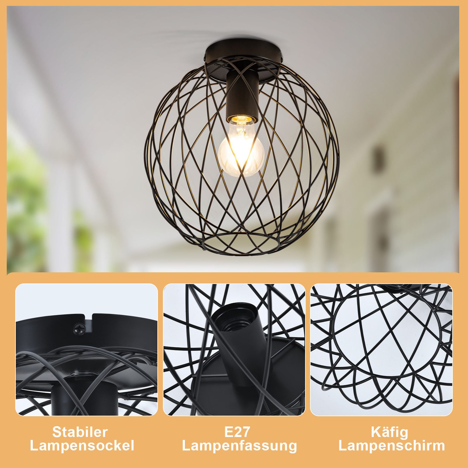ZMH Deckenleuchte Schwarz Vintage E27 Retro Deckenlampe für Flur oder Korridor Max.40W, ohne Leuchtmittel, 1 Flammig Metall Kaefig Gitter Lampenschirm Schlafzim – Bild 4 von 5