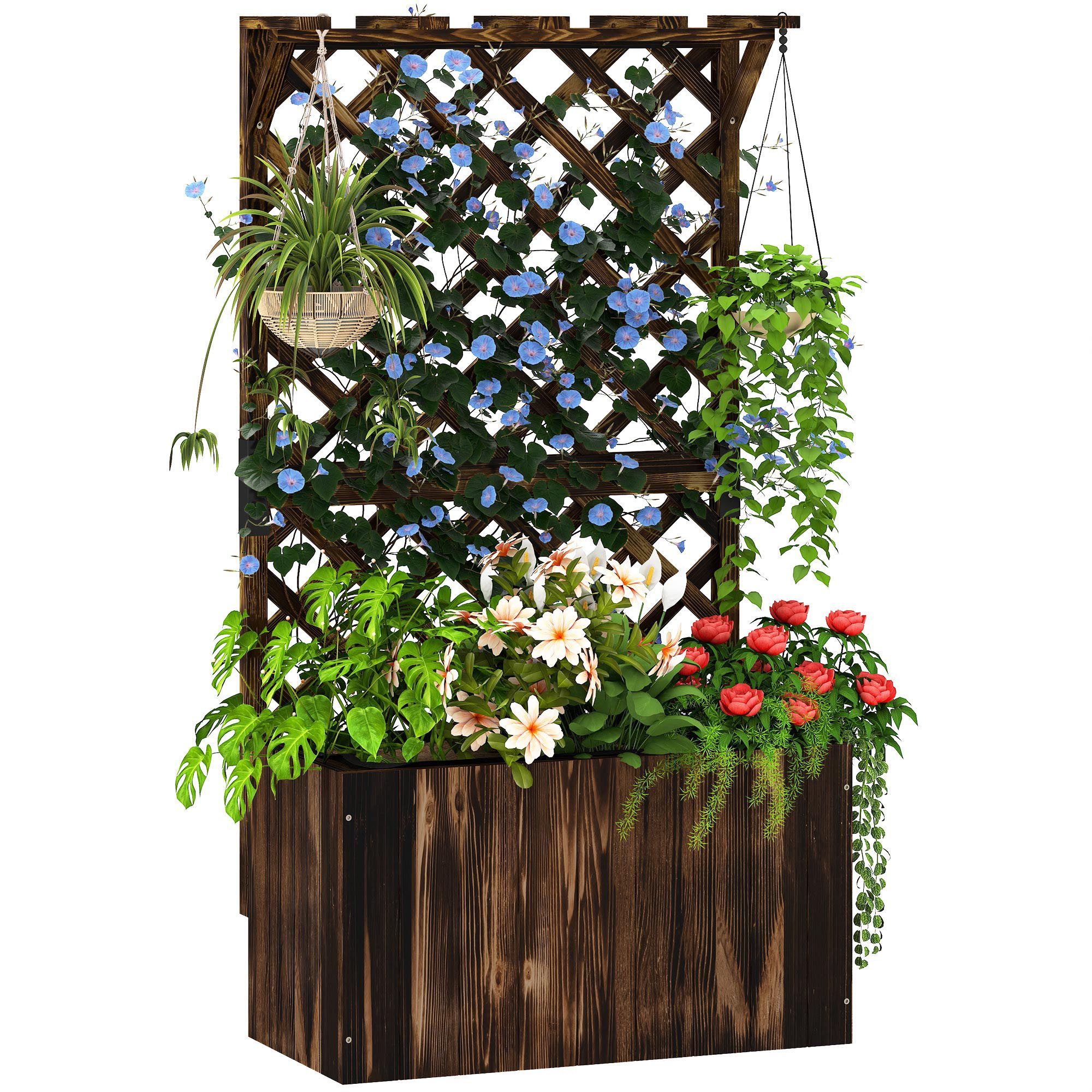 Outsunny Hochbeet mit Rankengitter, hängendes Dach (Frühbeet aus Holz, 1 St., Pflanzkasten), für Garten, Balkon, Terrasse, Verkohlt