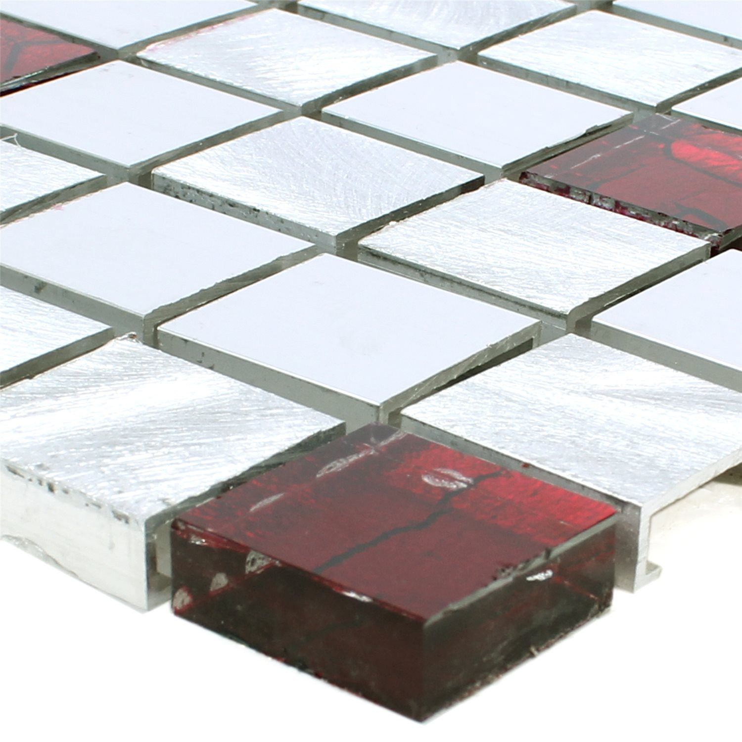 Mosafil Mosaikfliesen Mosaikfliesen Aluminium Glas Maira Silber Rot, Glas-Metall-Aluminium 30.000x30.000, rot-silber, Verlegefertig auf ein Netz geklebt - Wasserfest