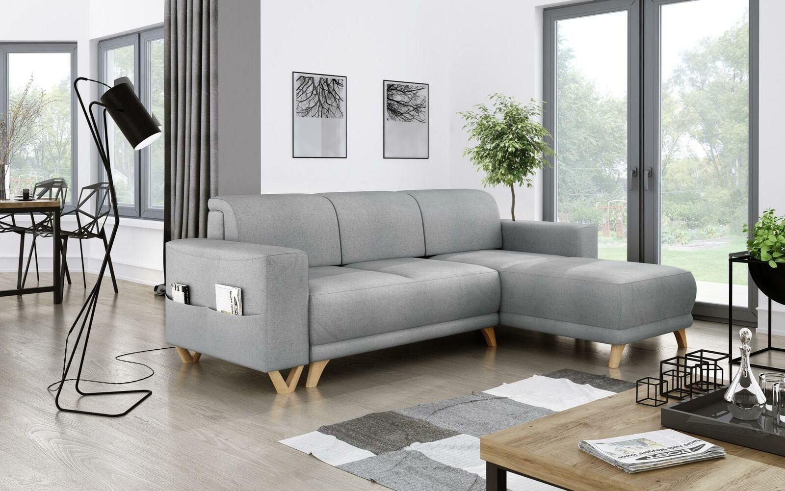 Schlafsofa Ecksofa Couch JVmoebel Sofa L-Form Design Bettfunktion Bettfunkt, Textil Grau Mit Sofa Polster