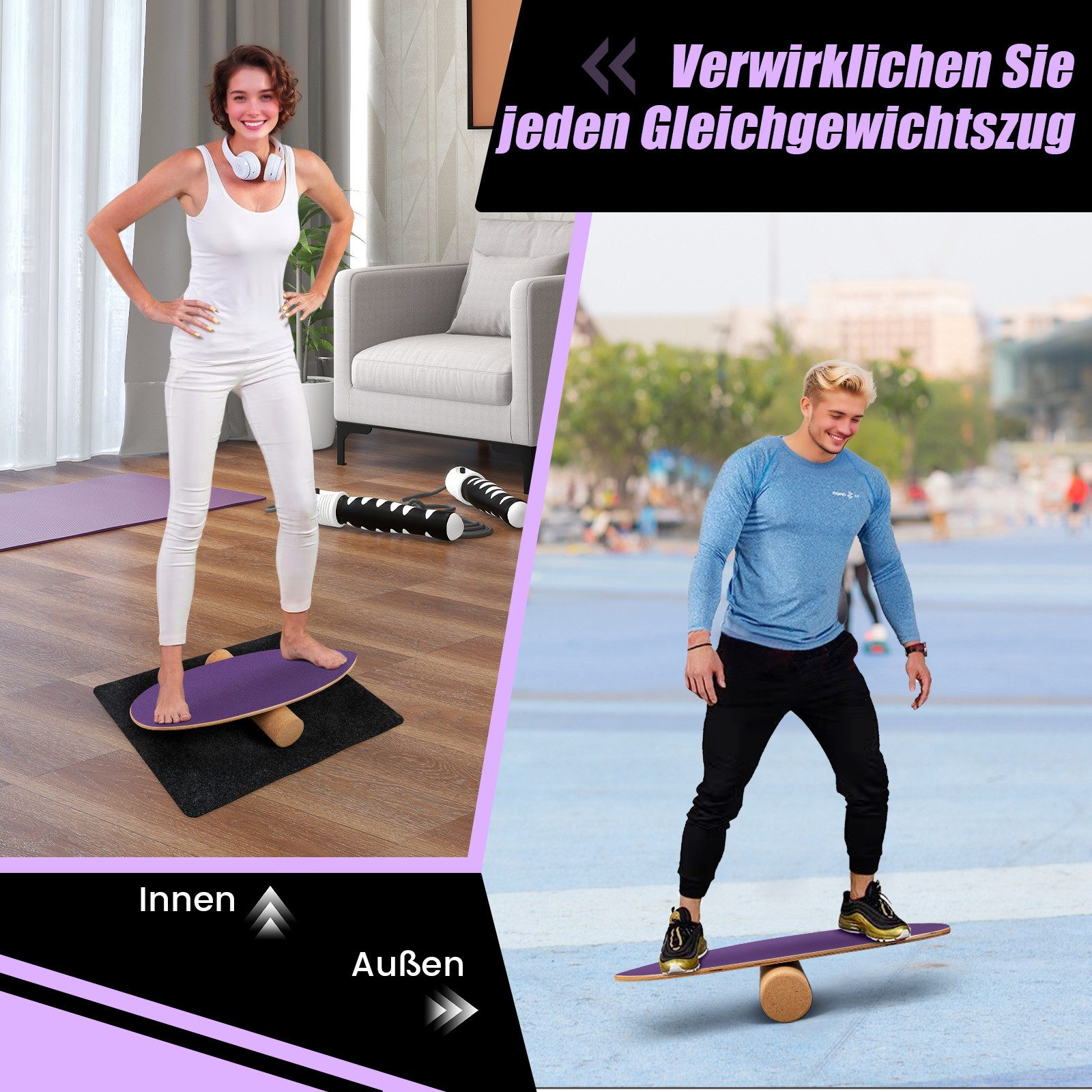 COSTWAY Balanceboard, aus Holz, für zuhause, inkl. Korkrolle, bis 227kg