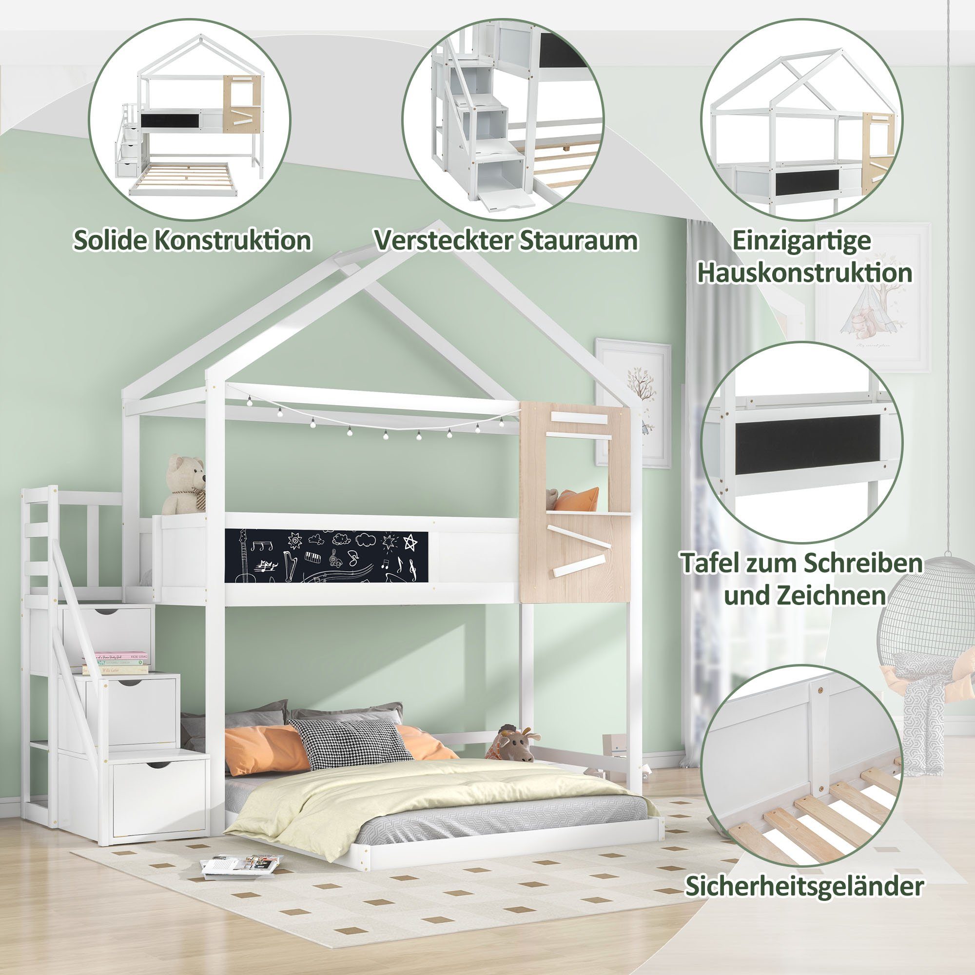 Fenster, mit HAUSS Hochbett mit Schubladen, Treppe 3 Kinderbett (mit Etagenbett SPLOE Lattenrost) und Etagenbett Funktionsbett Stockbett